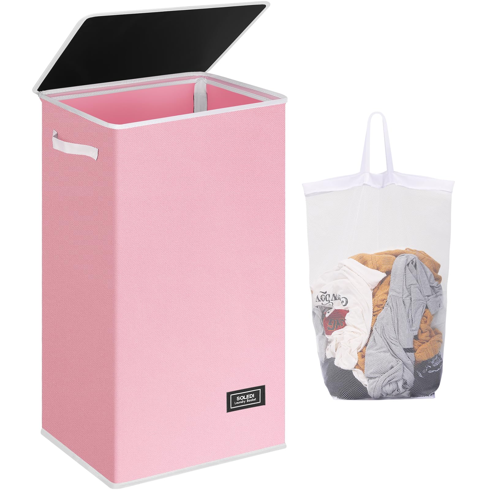 SOLEDILaundry Basket with Lid Large Laundry Hamper, Washing Baskets for Laundry with Inner Bag and Handles - Foldable Laundry Baskets for Bedrooms - Dirty Clothes Laundry Bin (Pink-100L)