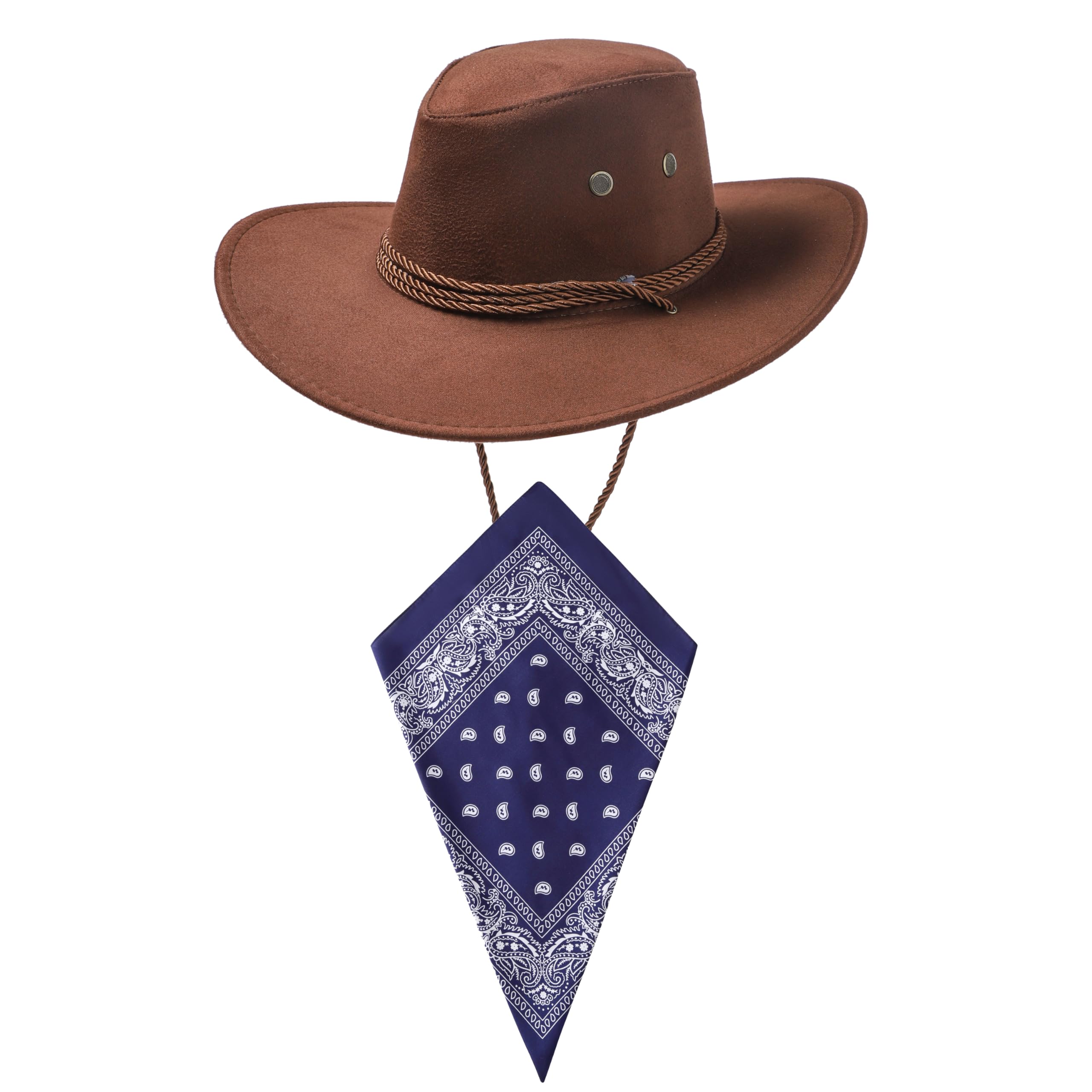 Dark Brown Cowboy Hat and Navy Blue Bandana Western Sun Cap Faux Felt Leather Suede Fancy Dress Party Costume Outfit Neckscarf Sun Protection Mens Womens