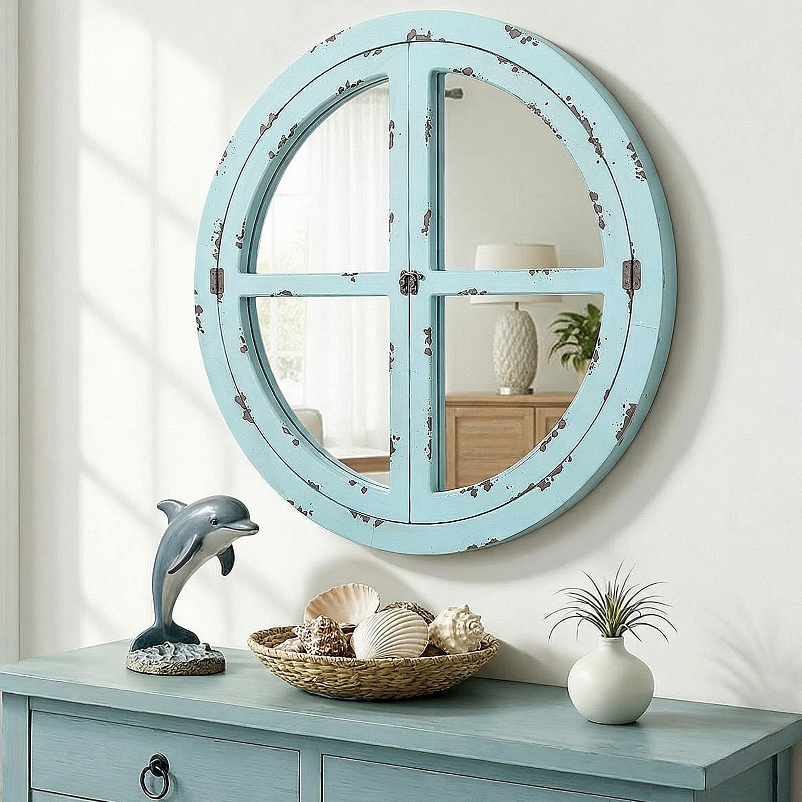 Vercraft 24 Inch Coastal Window Pane Mirror with Distressed Blue Wood Frame, Vintage Sea Green Round Mirror, Nautical Themed Wall Decor for Living Room, Entryway, Dining Room, Farmhouse Bathroom Decor