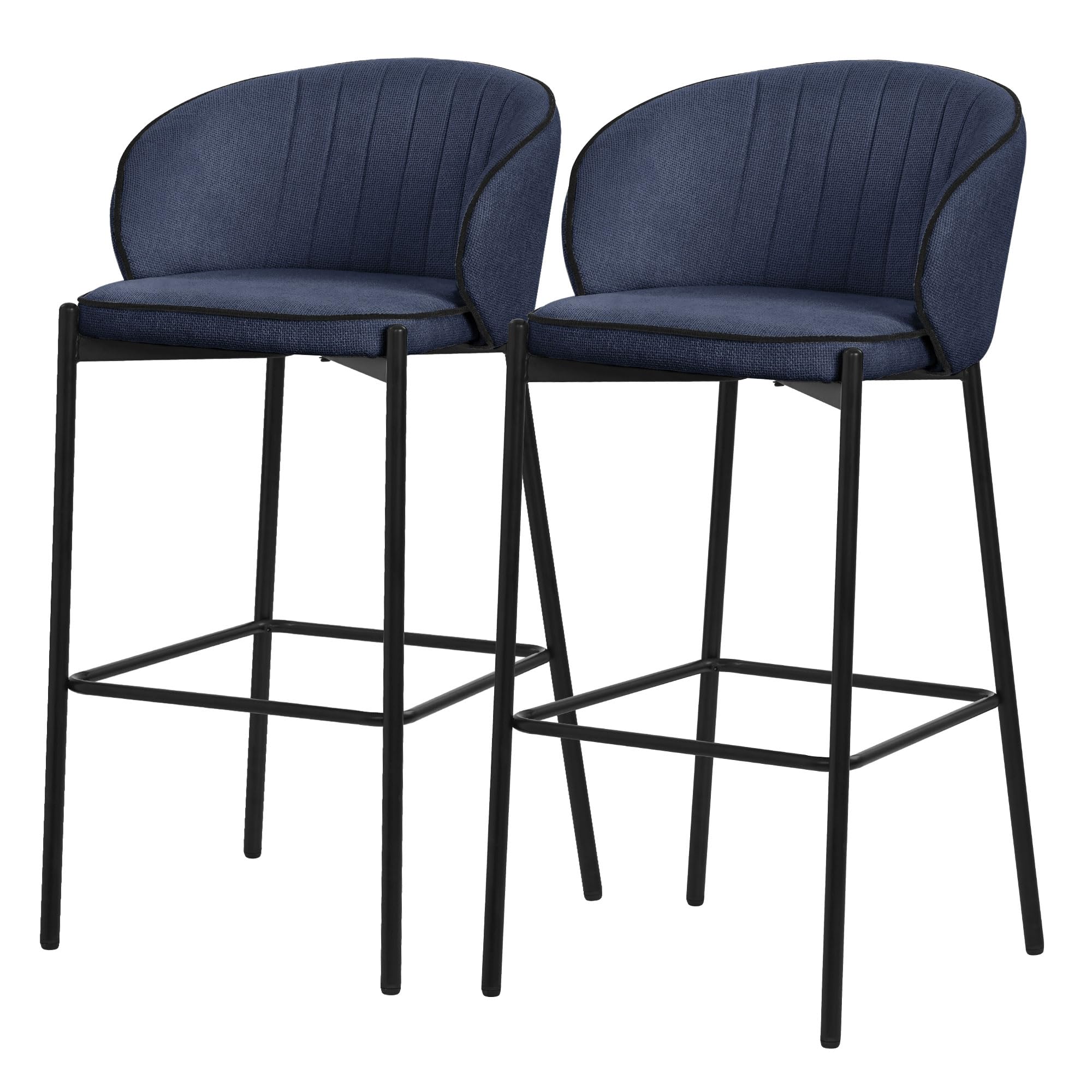 ML-Design 2X Taburetes de Bar Azul Oscuro con Tapizado de Tela 76cm Sillas con Estructura Metálica, Asientos de Cocina con Respaldo y Reposapíes, Sillones de Barra, Mueble de Mostrador de Bistro