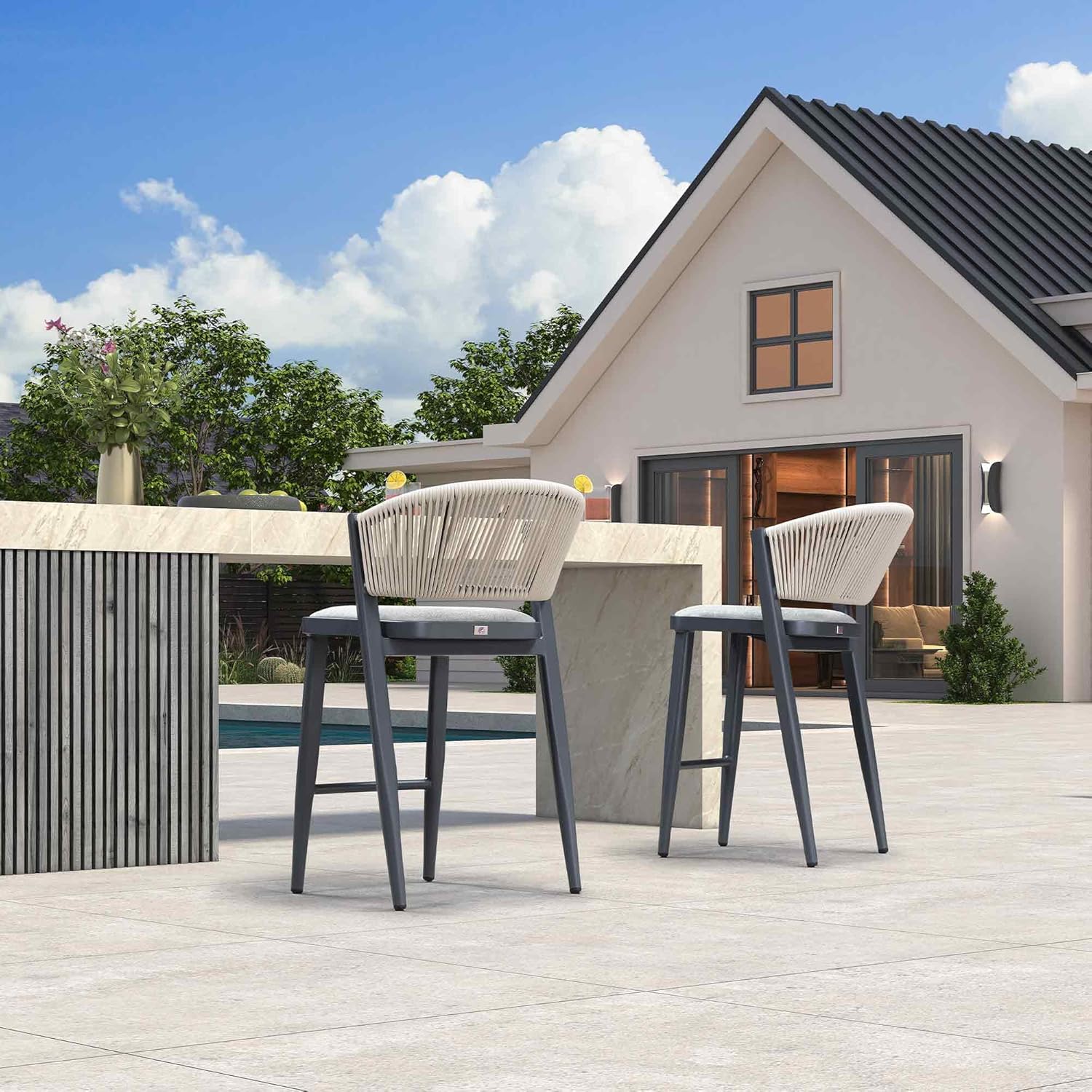 PURPLE LEAF Counter Height Bar Stool Set of 2 Outdoor Bar Stools Modern Bar Height Stools Wicker Barstools for Kitchen Island Gray Island Chair
