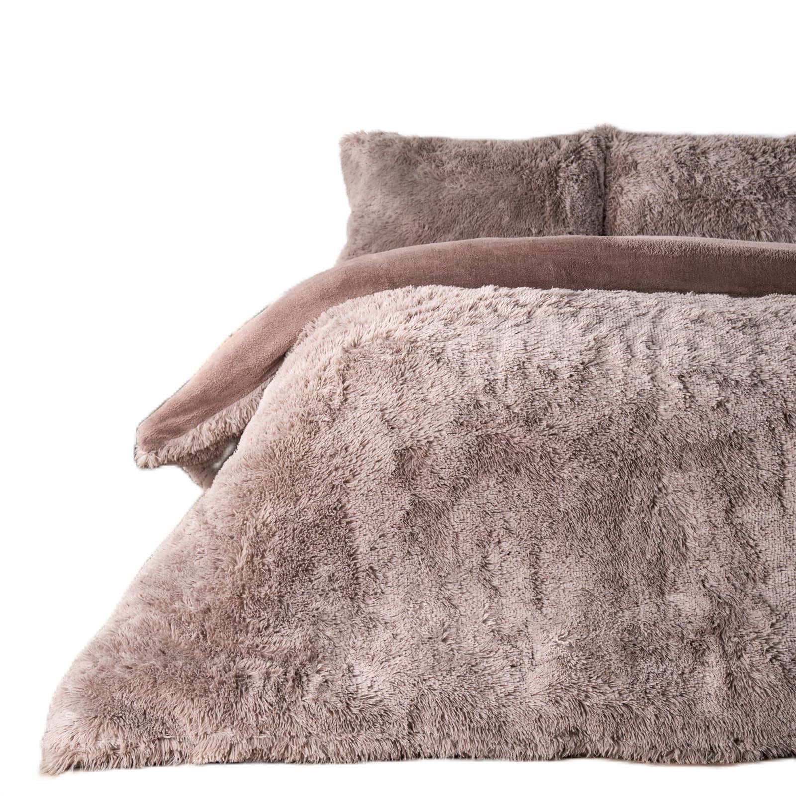 OHS Fluffy Fleece Duvet Cover King Size, Super Soft Warm Microfibre Winter Bedding Set Plain Dye Luxurious Plush Fleece King Size Duvet Cover Set with Pillowcases, Natural