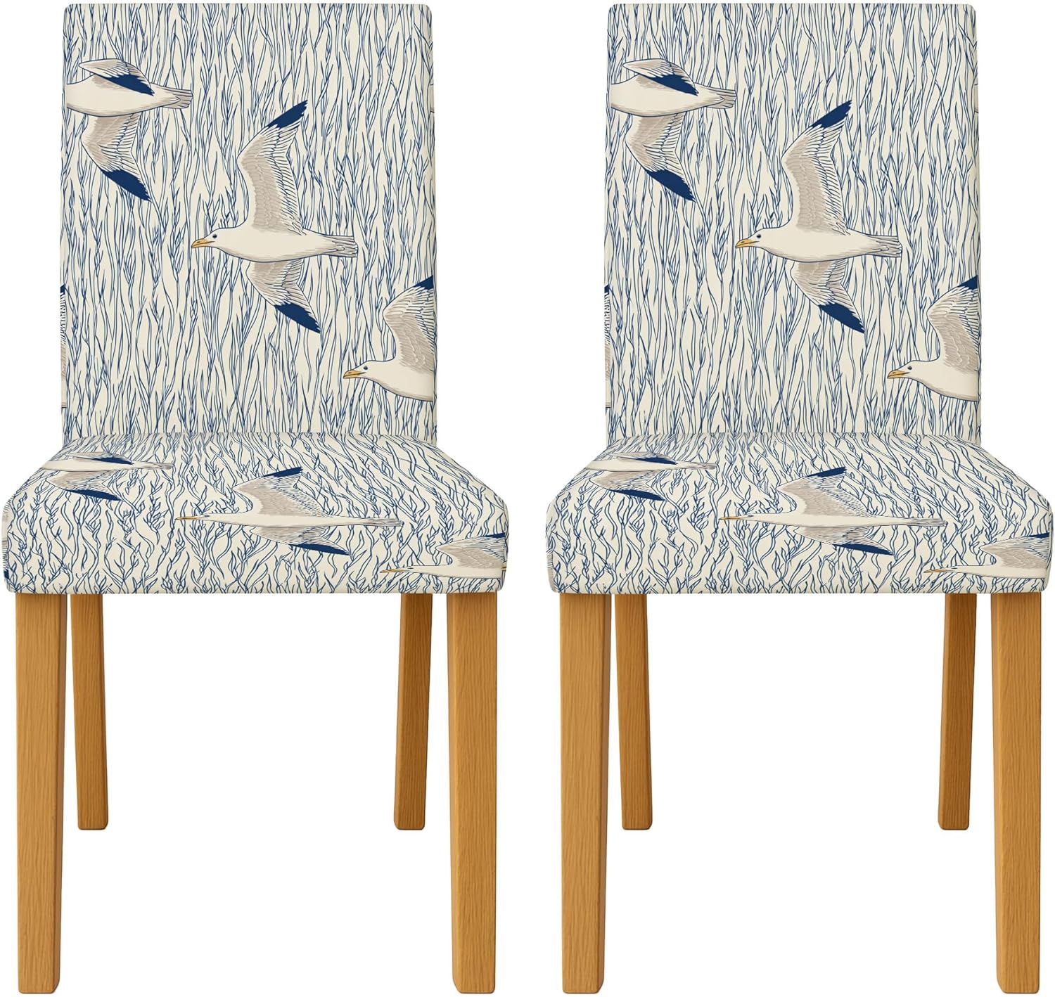 Coastal Gull​ Chair Covers for Dining Chairs, Coastal Natural Waves Blue Summer Blue Spandex Washable Elastic Chair Protector Covers Decor for Kitchen Living Room Party 6pcs
