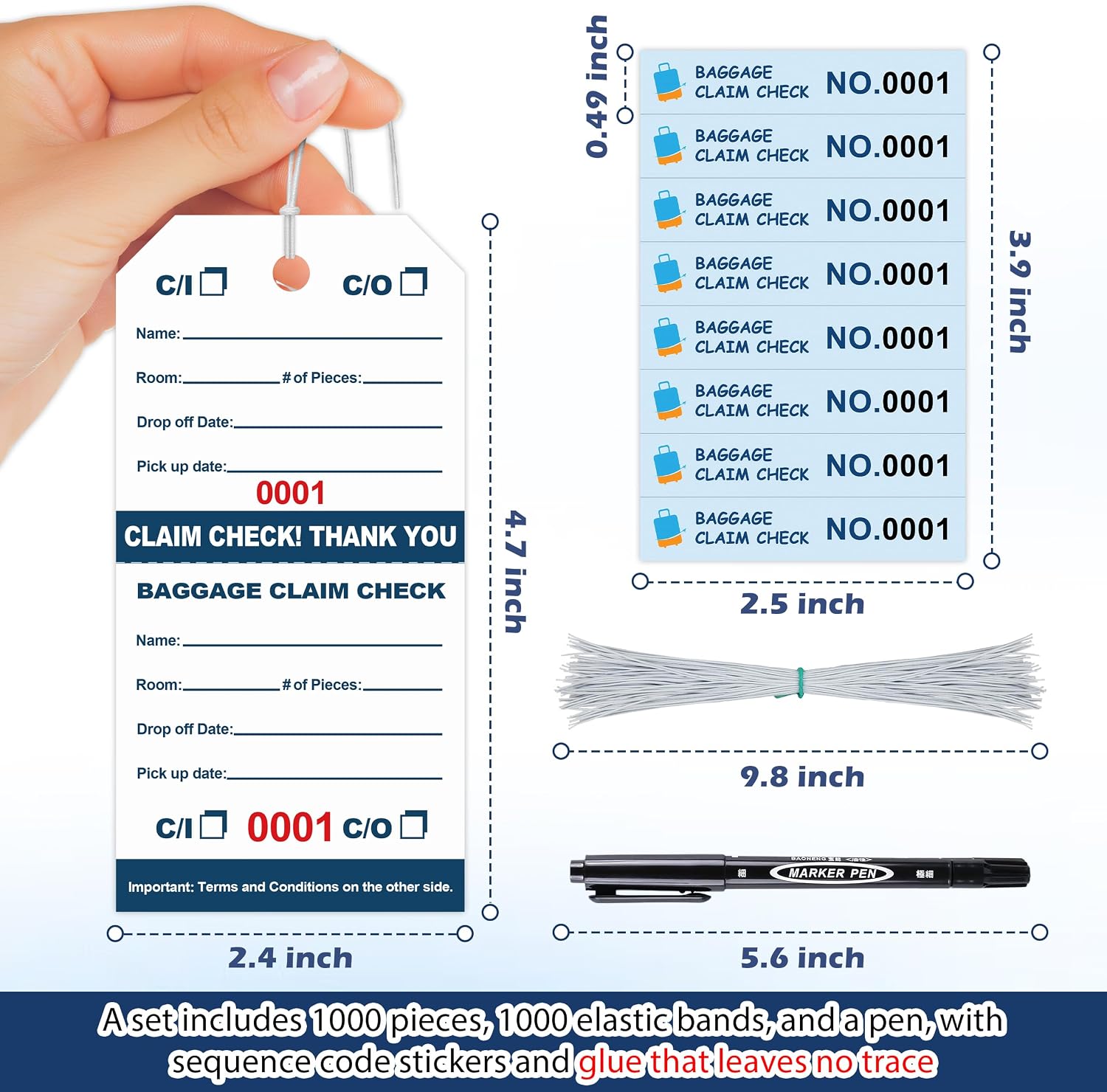 1000 Pcs Hotel Luggage Claim Tags 001 to 1000 with Strings 4-3/4 x 2-3/8 Inch with 8 Labels & Matching Numbers Durable Paper Baggage Check Tags with Stubs for Hotels Storage and Transport (1000)