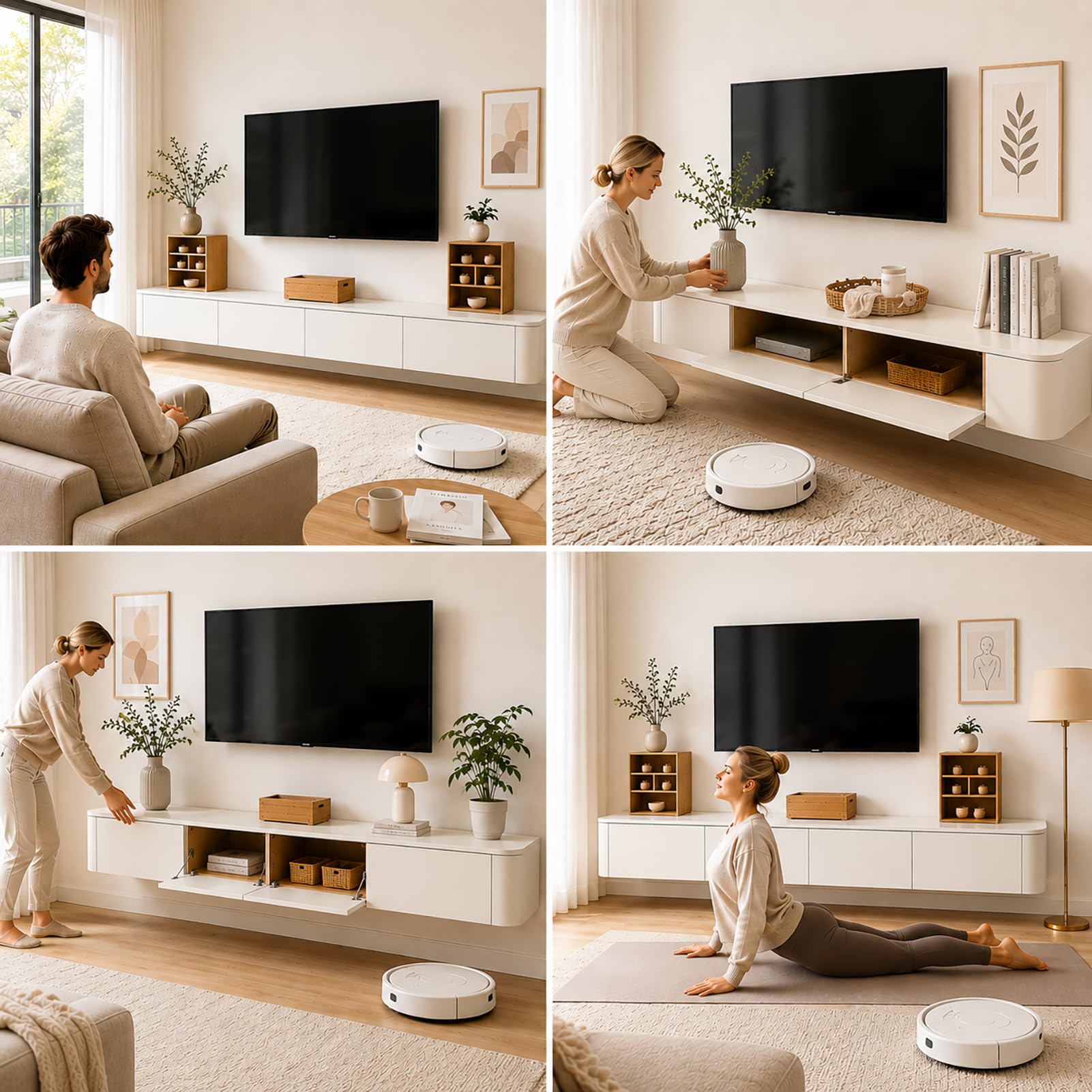 Szafka TV 240 cm, biała, z 2 szufladami i 2 klapkami, szafka pod telewizor, montowana na ścianie, konsola medialna z kanałami kablowymi, w pełni zmontowana