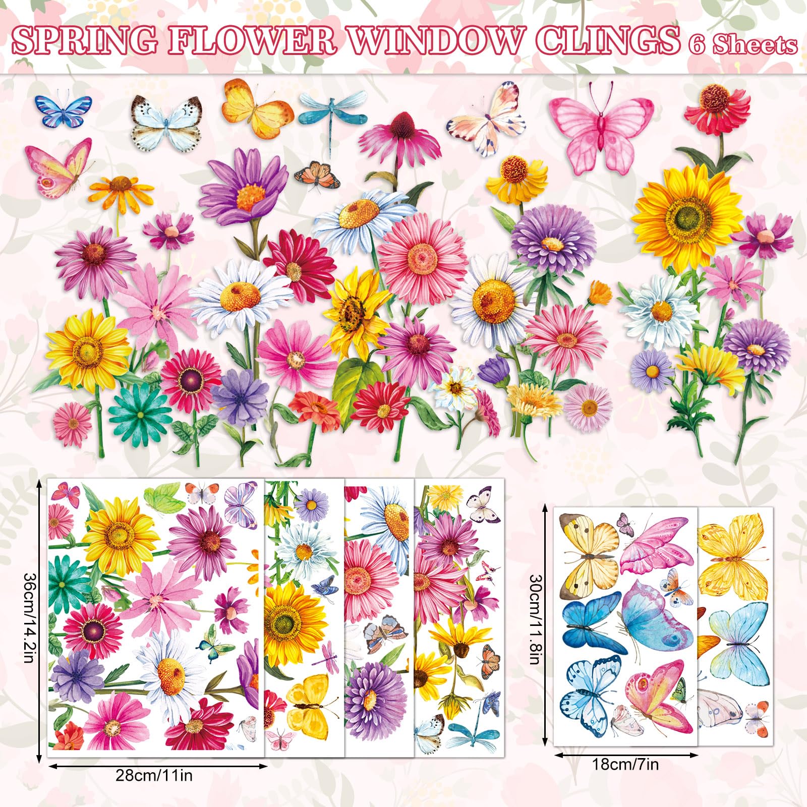 Whaline Fensteraufkleber Frühlingsblumen – 2 Bögen, 30x60 Cm, Wiederverwendbar, Mit Schmetterlingen & Wildblumen