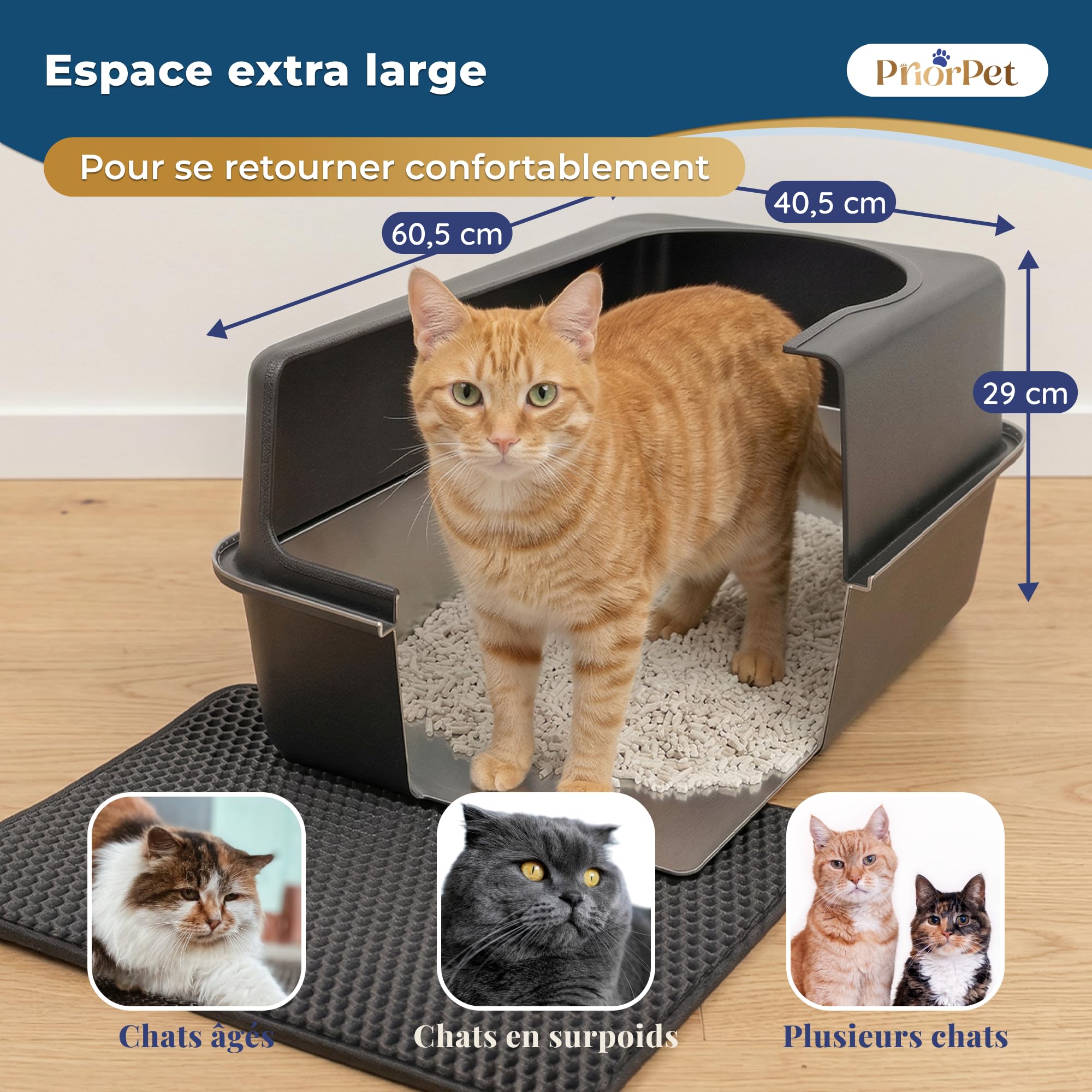 Bac à litière Chat INOX XXL Noir Mat – Facile à Nettoyer, Anti-odeurs – Litière avec Bords Hauts, 38L – Anti-Fuite, antiadhésif – avec Pelle et Tapis