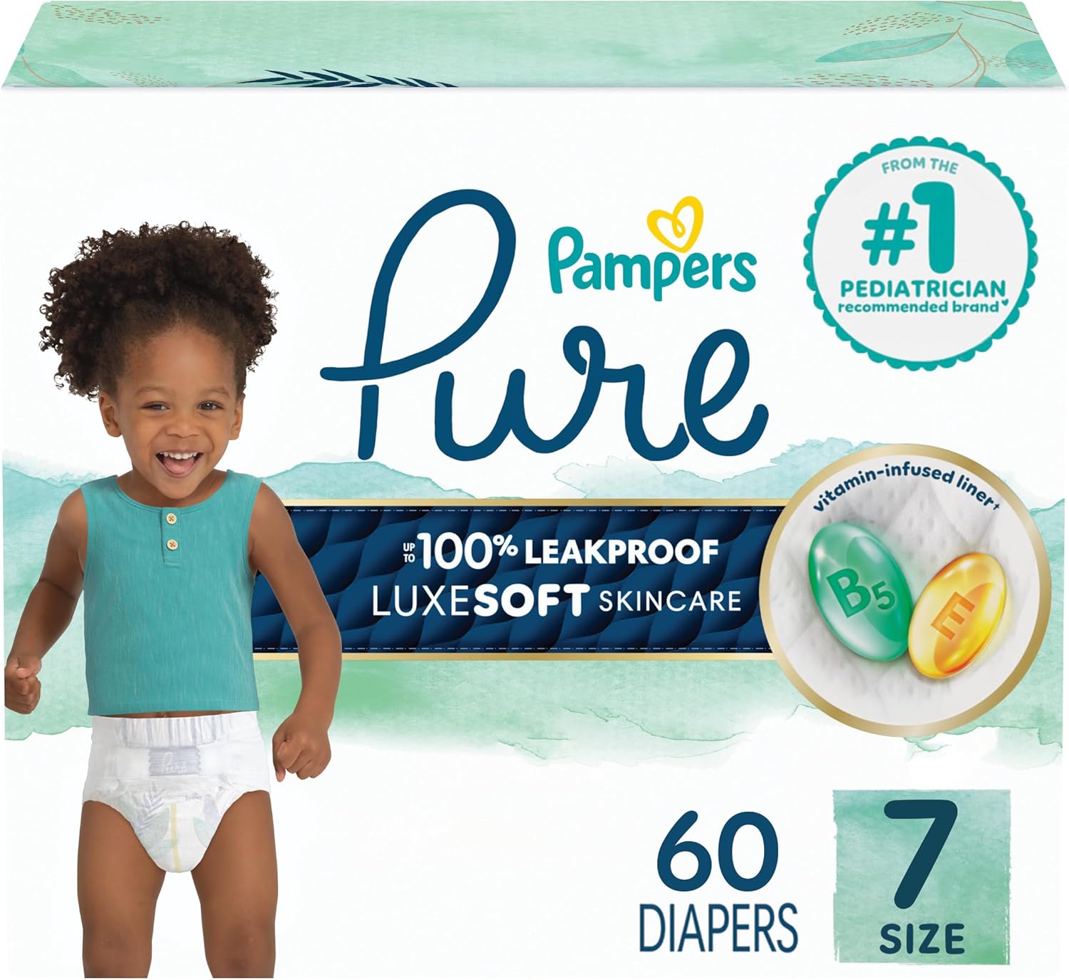 Pampers Baby Diapers - Pure Protection - Size 7, 60 Count, for up to 100% Leakproof, Premium Plant-based Skin Protection Size 7 60
