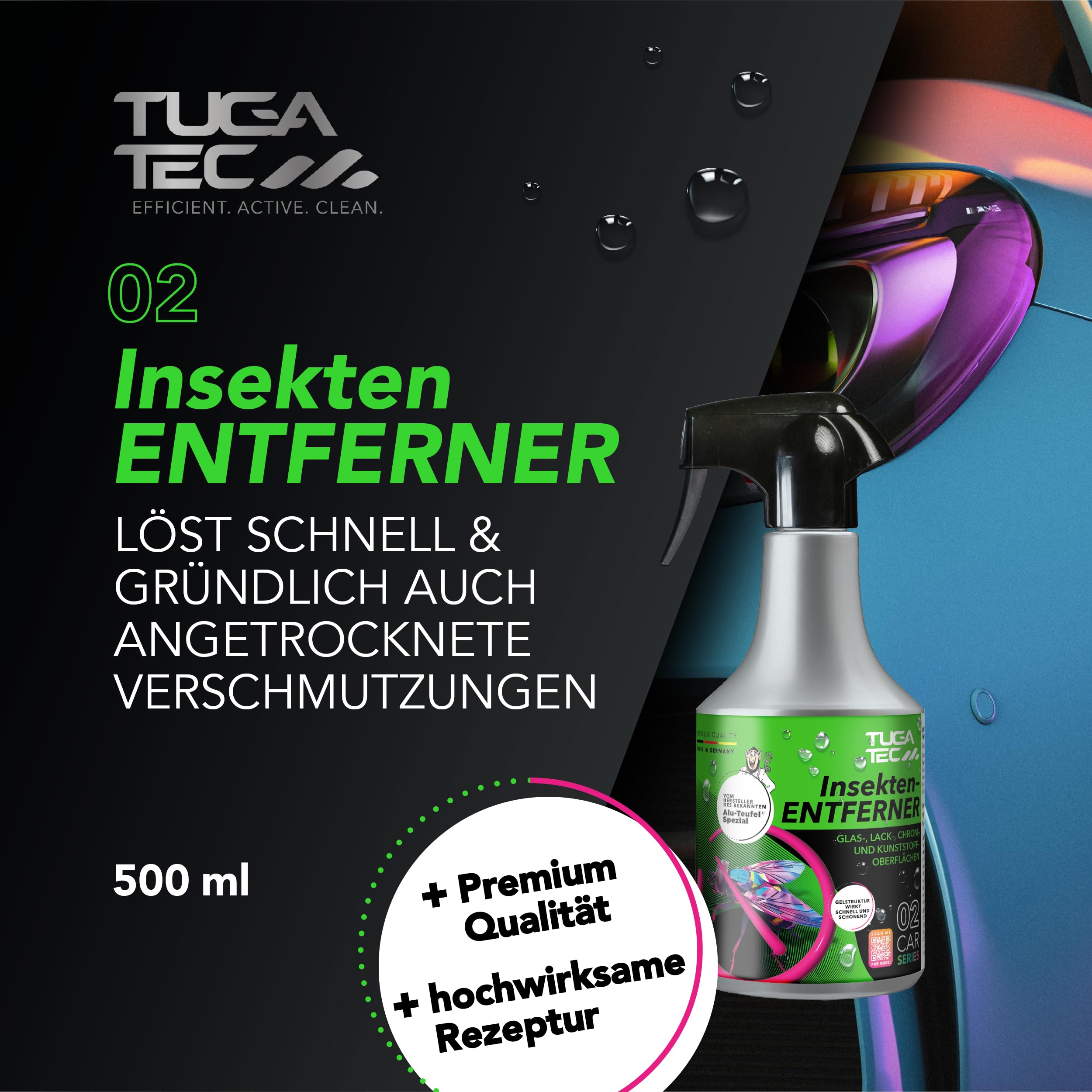 TUGA TEC Serie 5X 500 ml Profi Bundle, Felgenreiniger, Detailer, Interieur | Insektenentferner, Glasreiniger im Set mit hoher Haftwirkung, gründlich, schonend & effizient