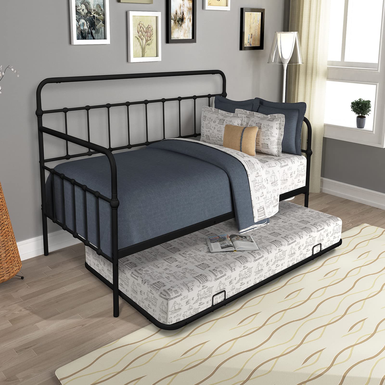 Lostcat Twin Size Daybed Bed with Trundle,Metal Bedframe with Safety Guardrails & Heavy Duty Steel Slat Support,for Kids Teens Adults,No Box Spring Needed Black