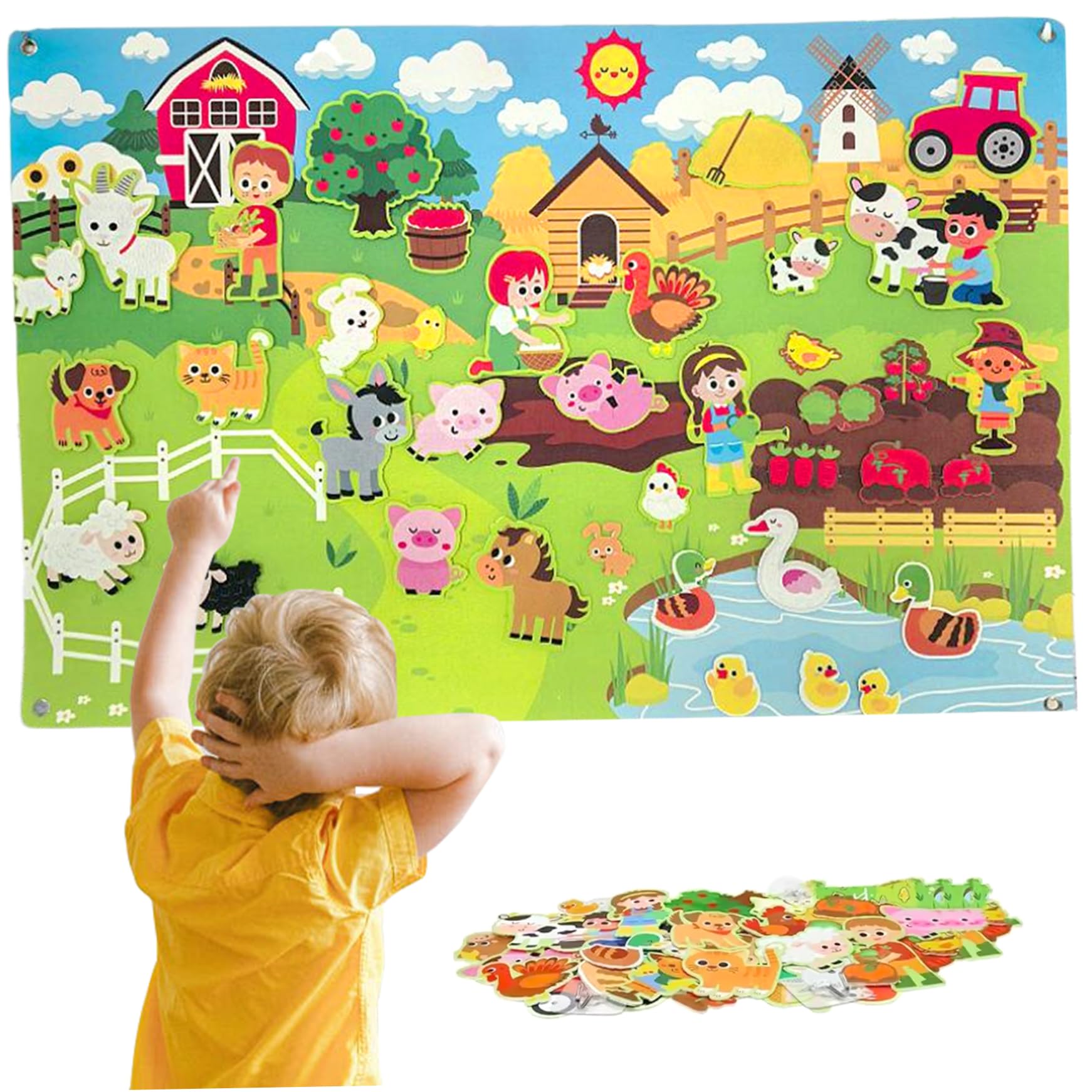 Juegos de cuentos de tablero de fieltro, tablero de fieltro de animales de granja de 41 x 30 pulgadas para niños pequeños Actividades de pared de aprendizaje temprano para niños pequeños Colgante i