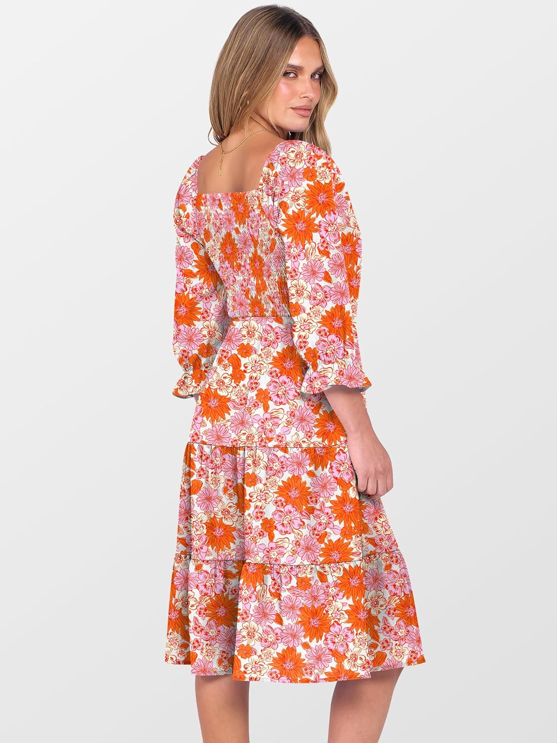 Caracilia Women 3/4 Sleeve Square Neck 2026 Summer Fall Wedding Guest Floral Smocked Casual Boho Midi Dresses - Image 6