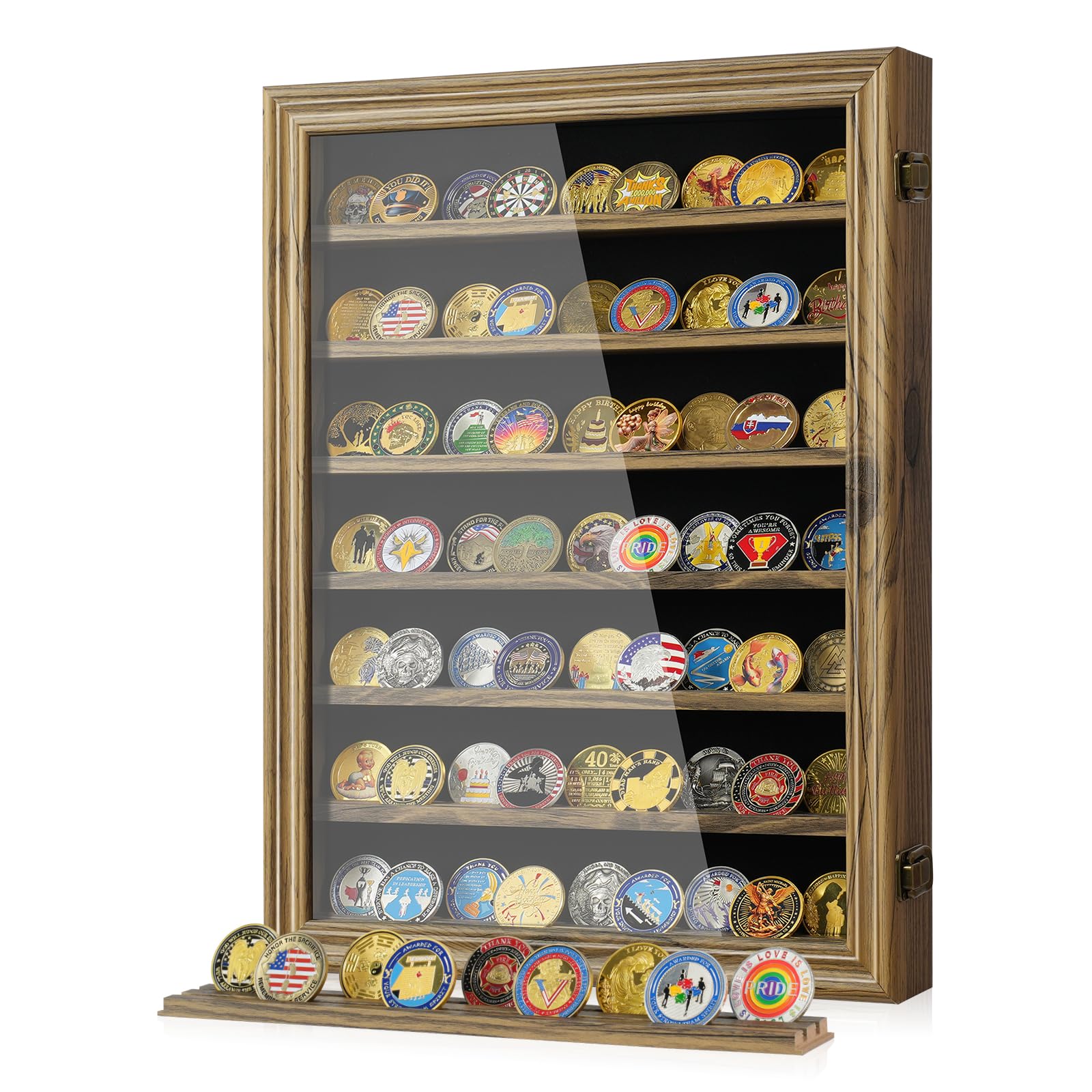 7 Rows Military Challenge Coin Holder Display Case with HD Tempered Glass - Holds 100 Coins, Medal Display Cabinet, Shadow Box for Casino Poker Chips, Removable 2-Groove Shelves, Rustic Wood