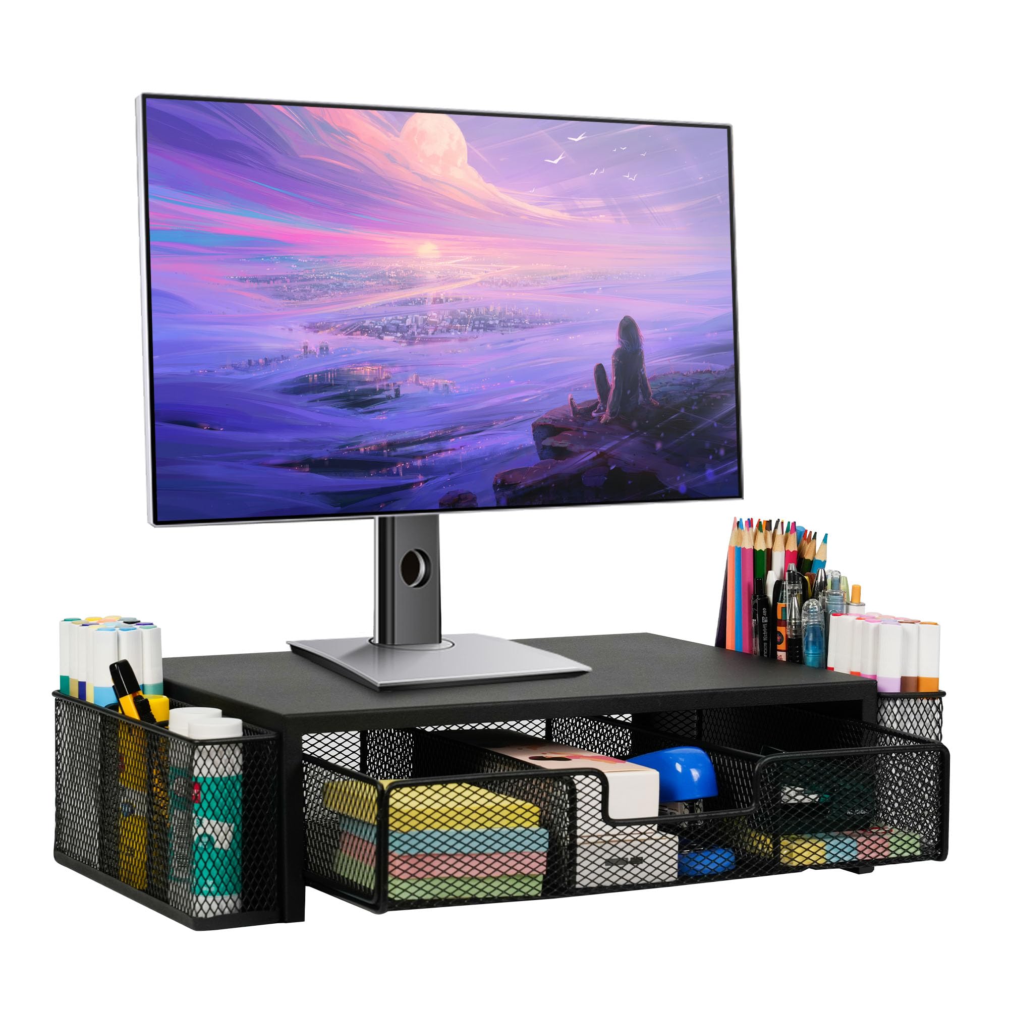 Qupui Computer Monitor Stand Riser with Drawer and Pen Holders Desk Organizer Shelf and Accessories Office Desk Accessories
