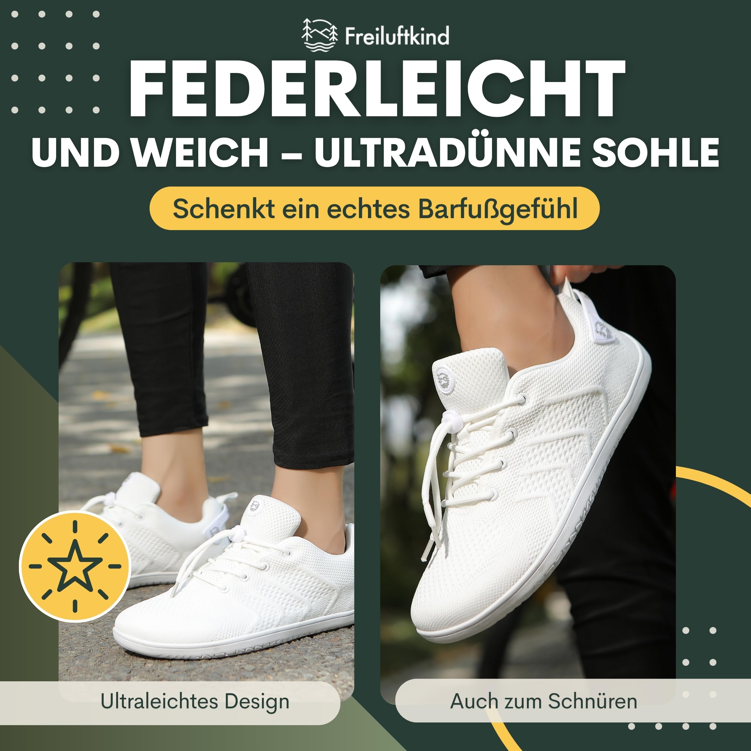 Freiluftkind Das Original Camino – Sportliche Sneaker Barfußschuhe (Wei-/ Gr. 35-49) – Unisex Barfußschuh für Bewegung und Dynamik – Mit innovativer und atmungsaktiver Webstruktur