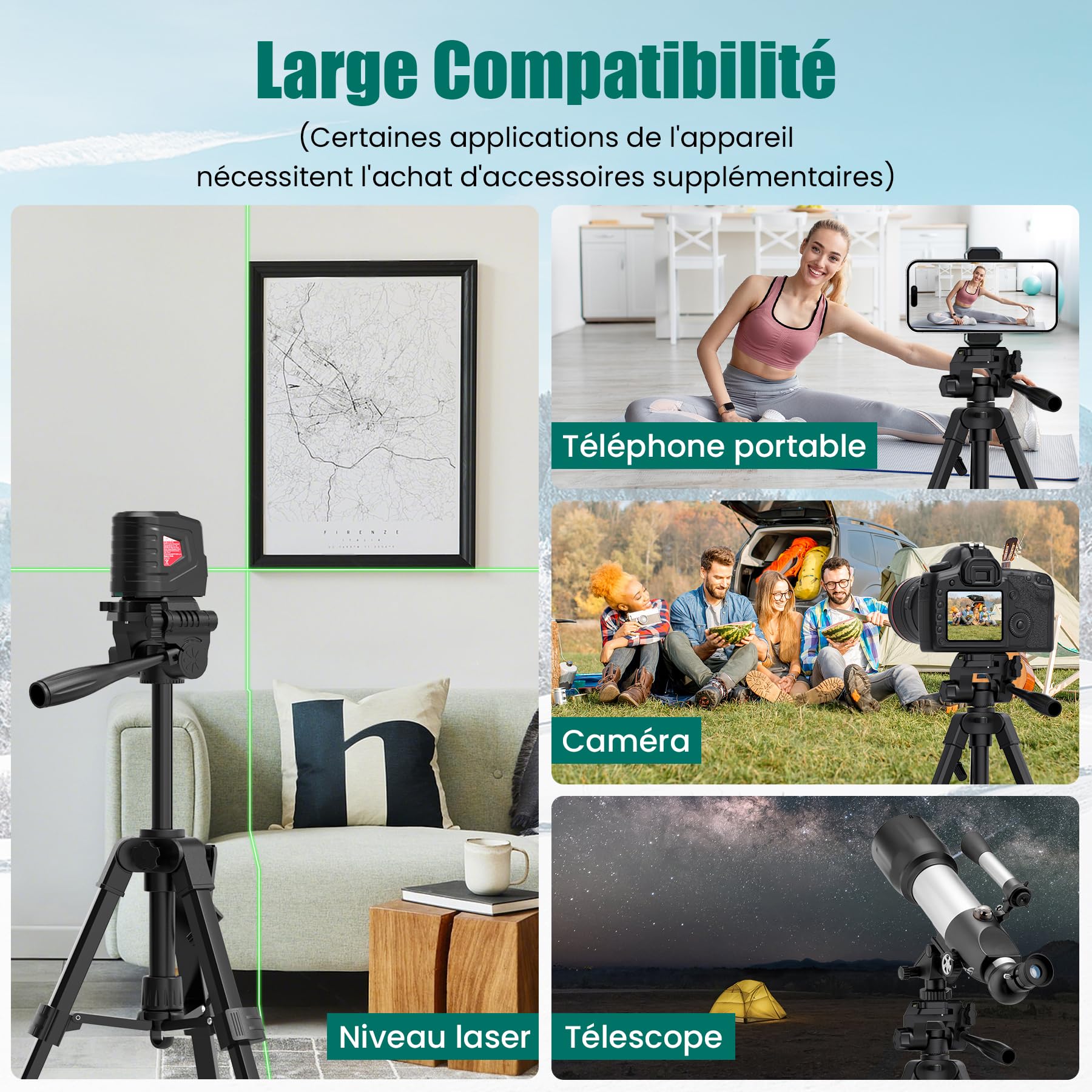 HYCHIKA Trépied pour Niveau Laser, Basculement et Rotation du Niveaux Laser de 90°, 180°et 360°Verticalement ou Horizontalement, avec 1/4" Filetage, Sac en Tissu (Hauteur: 30-65 cm)