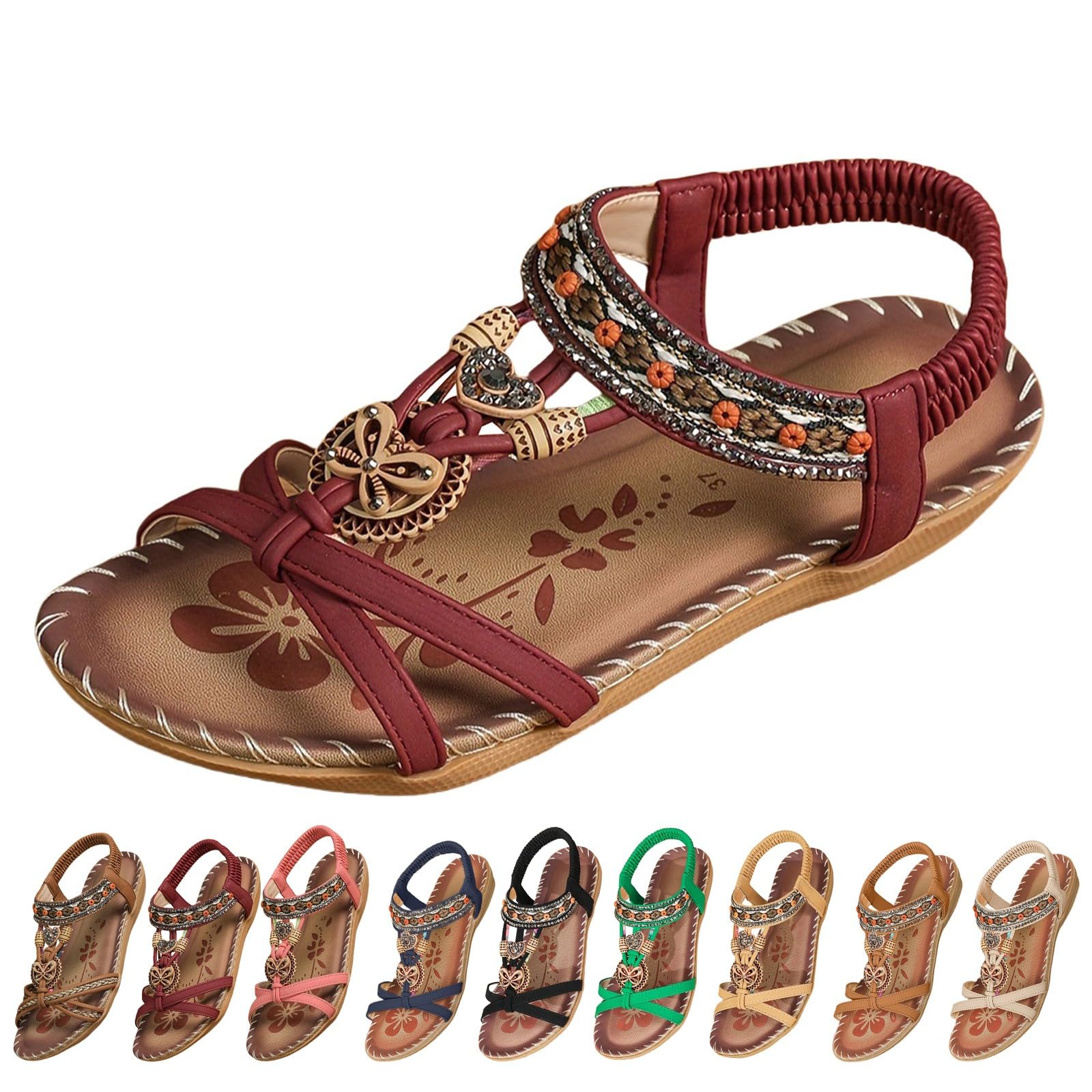 Générique Tropeziennes Sandales Femme Sandales Été Nouvelles Bout Rond Fond Plat Respirantes Élastiques Style Ethnique Décontracté Botte Hiver Sans Talon