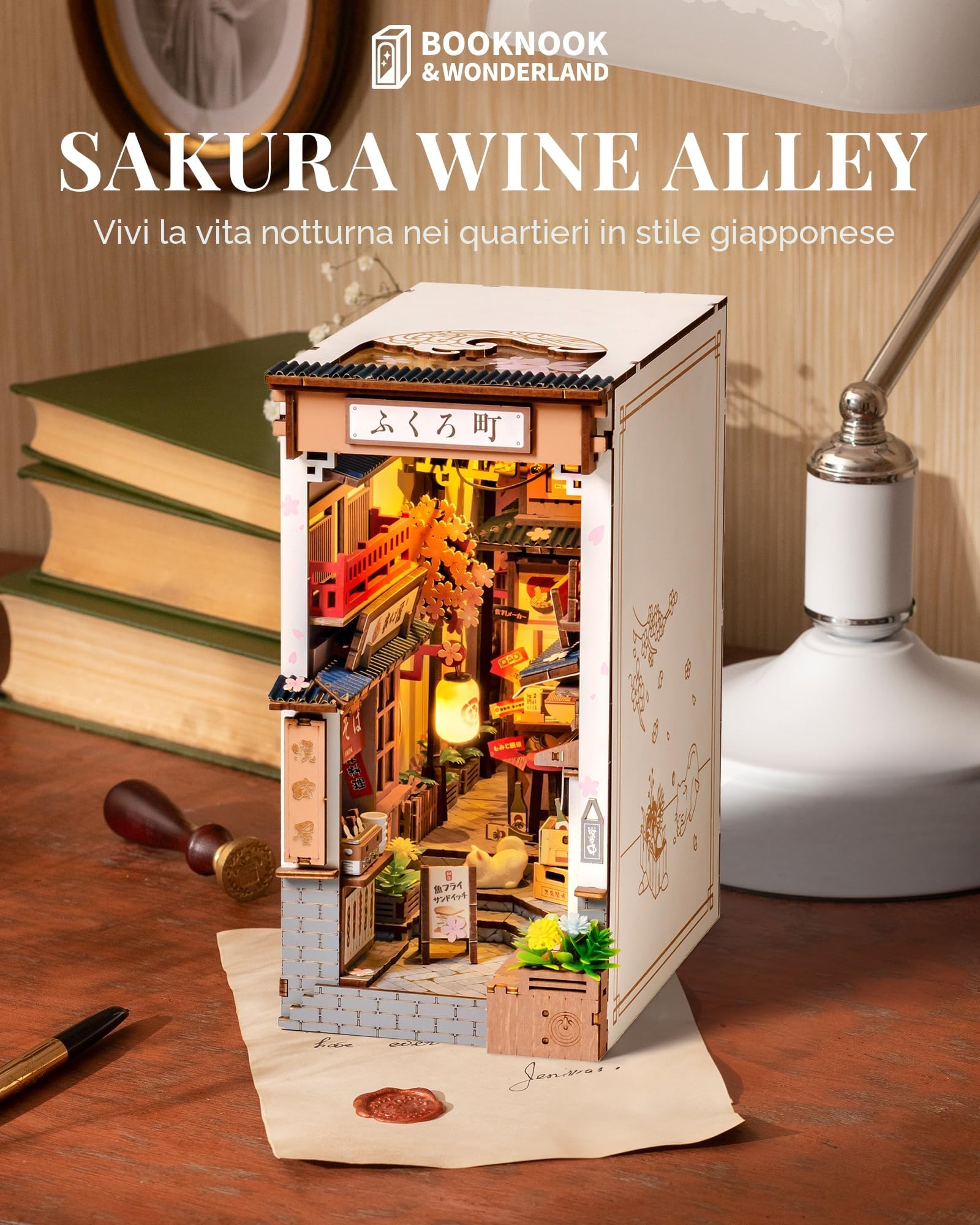 ROBOTIME Book Nook Japan Sakura Wine Alley, Booknook Diorama Casa delle Bambole in Legno, Decorazione della Libreria Regali per Adulti e Adolescenti