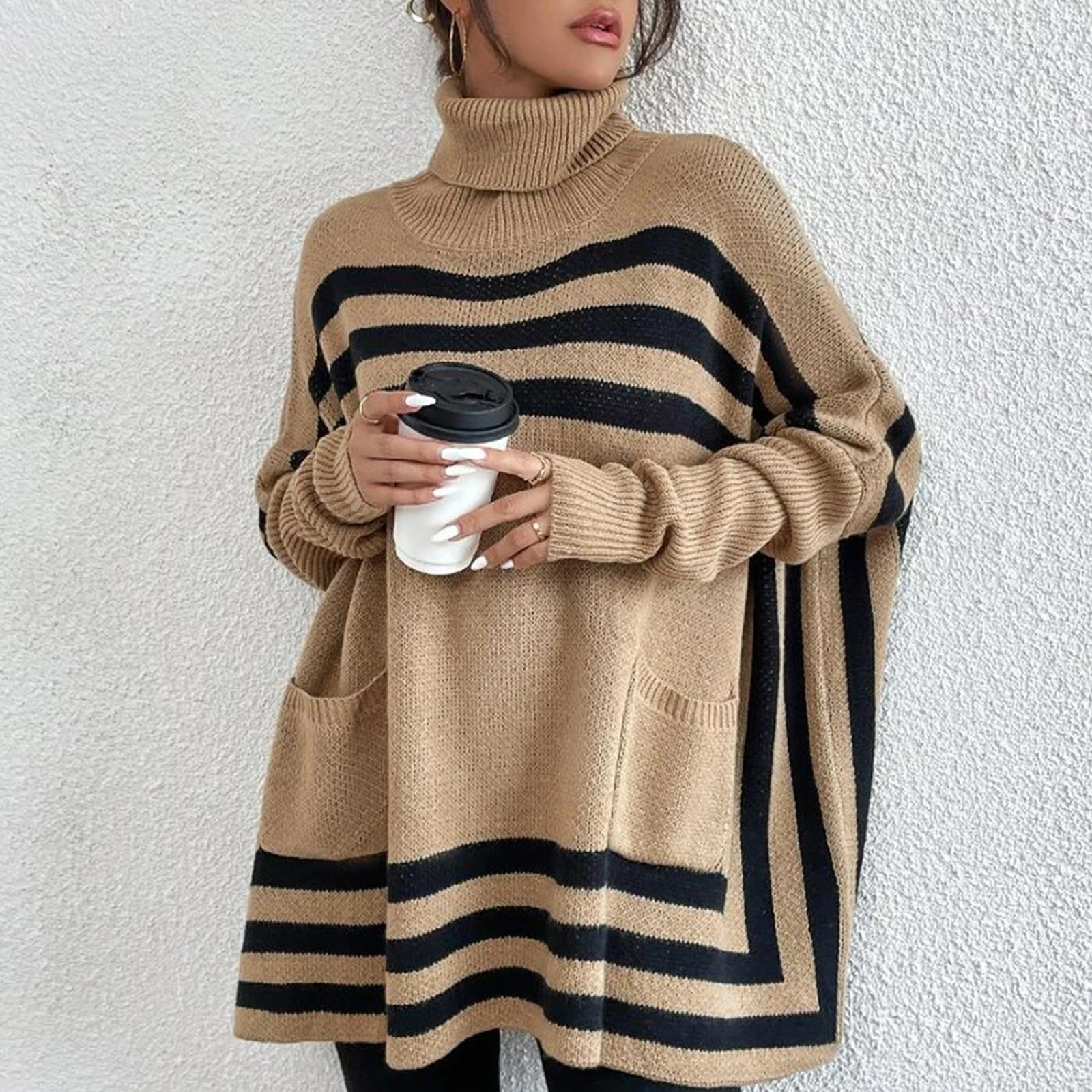 Dzianinowe Swetry Ponczo dla Kobiet Jesień Zima Pasiasty Golf Sweter Nietoperzowe RęKawy Oversize Sweter