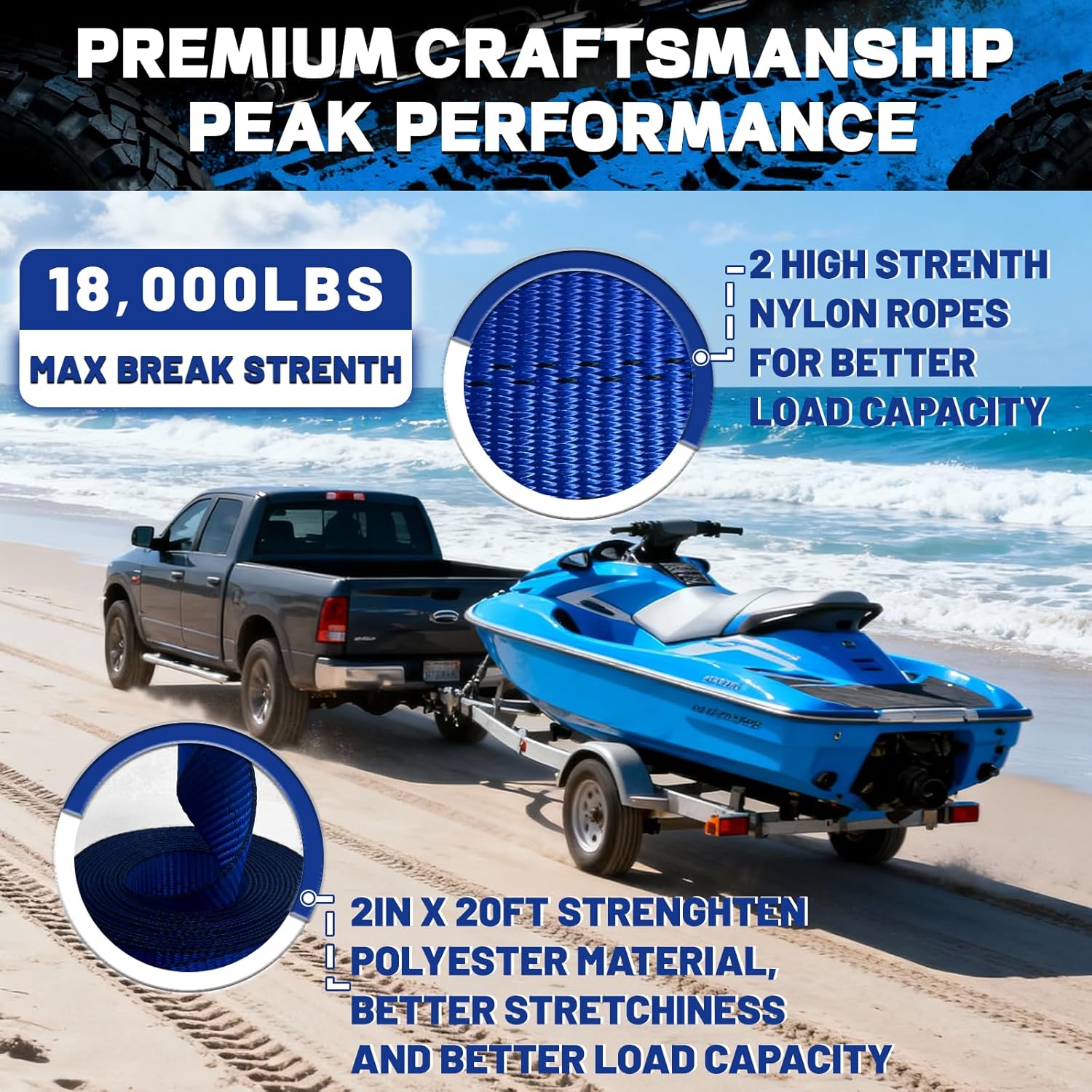 Boat Winch Strap with Hook (2" x 20ft) - 18,000lb Break Strength, Heavy Duty Replacement Trailer Winch Strap with Safety Hook - Fits Pontoon, Fishing Boat, Powerboat & Jet Ski Trailers.