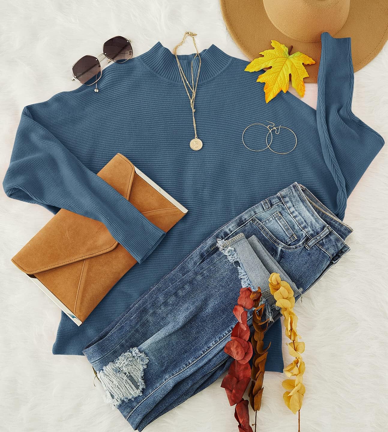 ZESICA Women's Fall 2026 Turtleneck Batwing Long Sleeve Ribbed Knit Casual Soft Pullover Sweater Jumper Top - Image 4