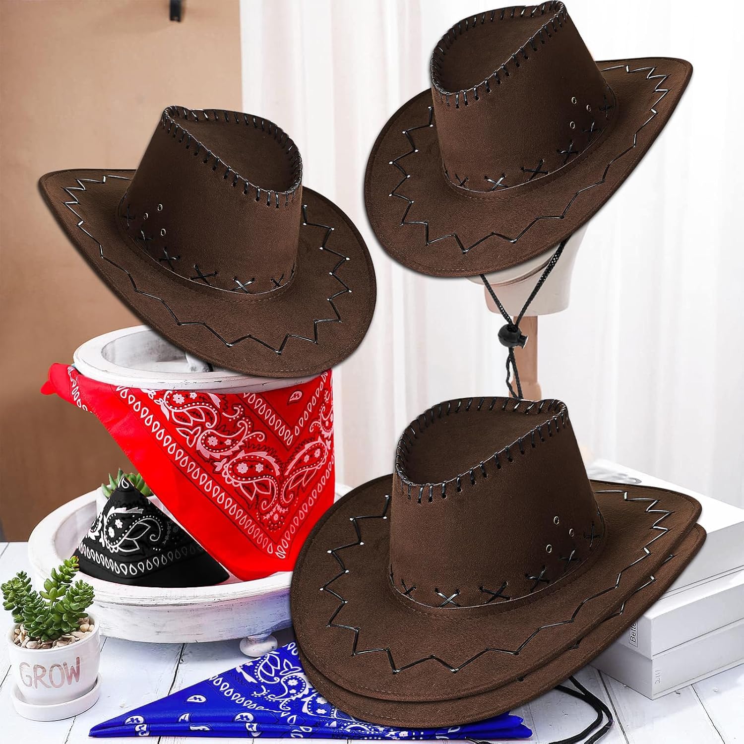 18 Pcs Cowboy Hat Set,Western Party Cowboy Hats Bulk, Cowgirl Hat with Bandanas for Women Men Carnival Costume Accessories - Image 7