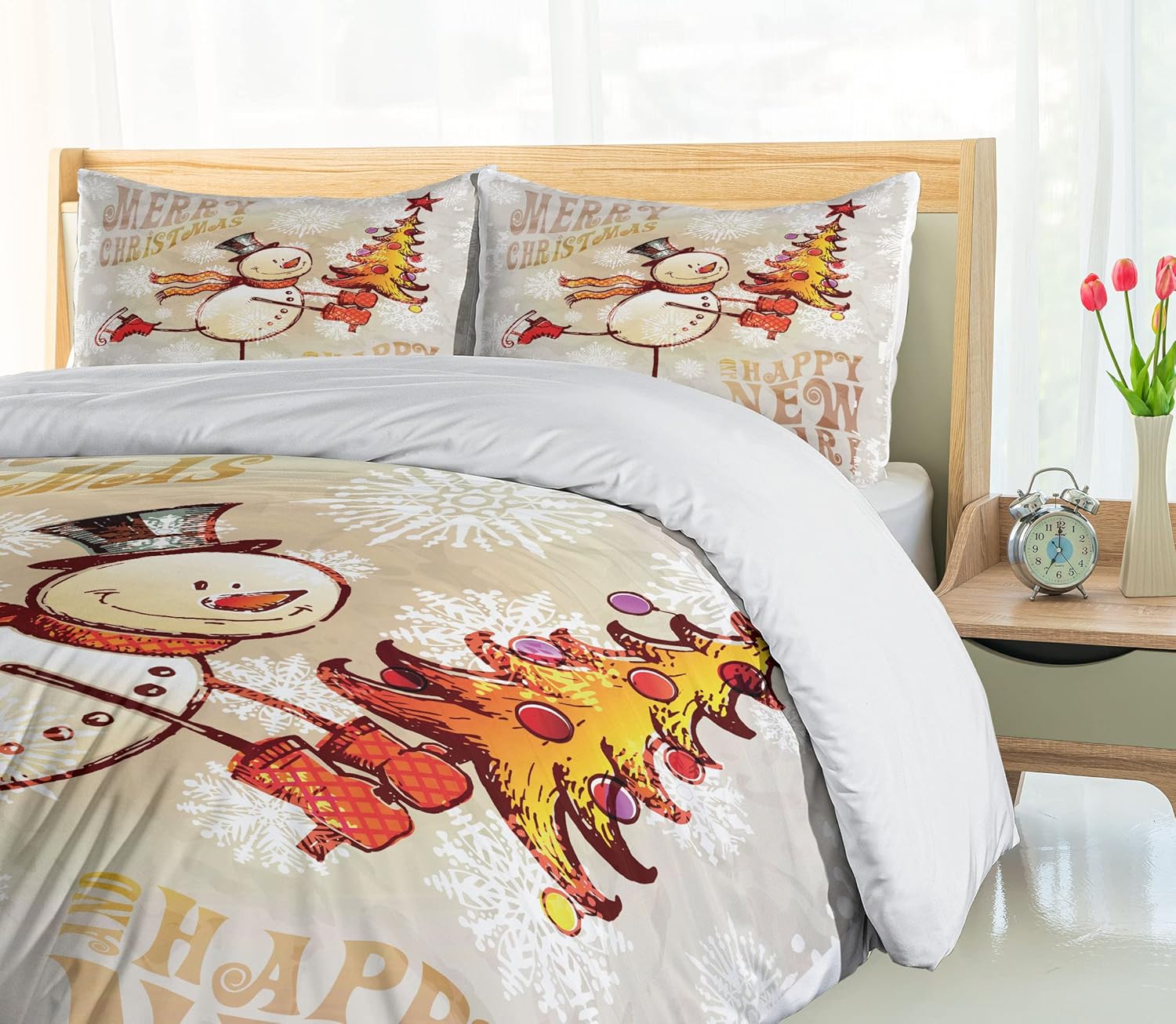 Ambesonne Christmas Duvet Cover Set, Skating Happy Snowman Xmas Tree Cheerful Hand Drawn Ornate Snowflakes, Decorative 3 Piece Bedding Set with 2 Pillow Shams, Queen Size, Beige White Queen Beige White
