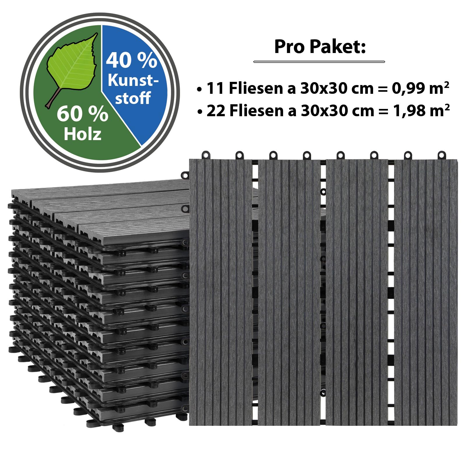 Montafox WPC Fliesen 30 x 30 cm 22 Stück / 2m² Grau Terrassenfliesen Klicksystem Fliese Holzoptik Bodenbelag Klickfliesen Terrasse Balkon, Größe (Fläche):2 m² | 22 Fliesen, Farbe:Grau