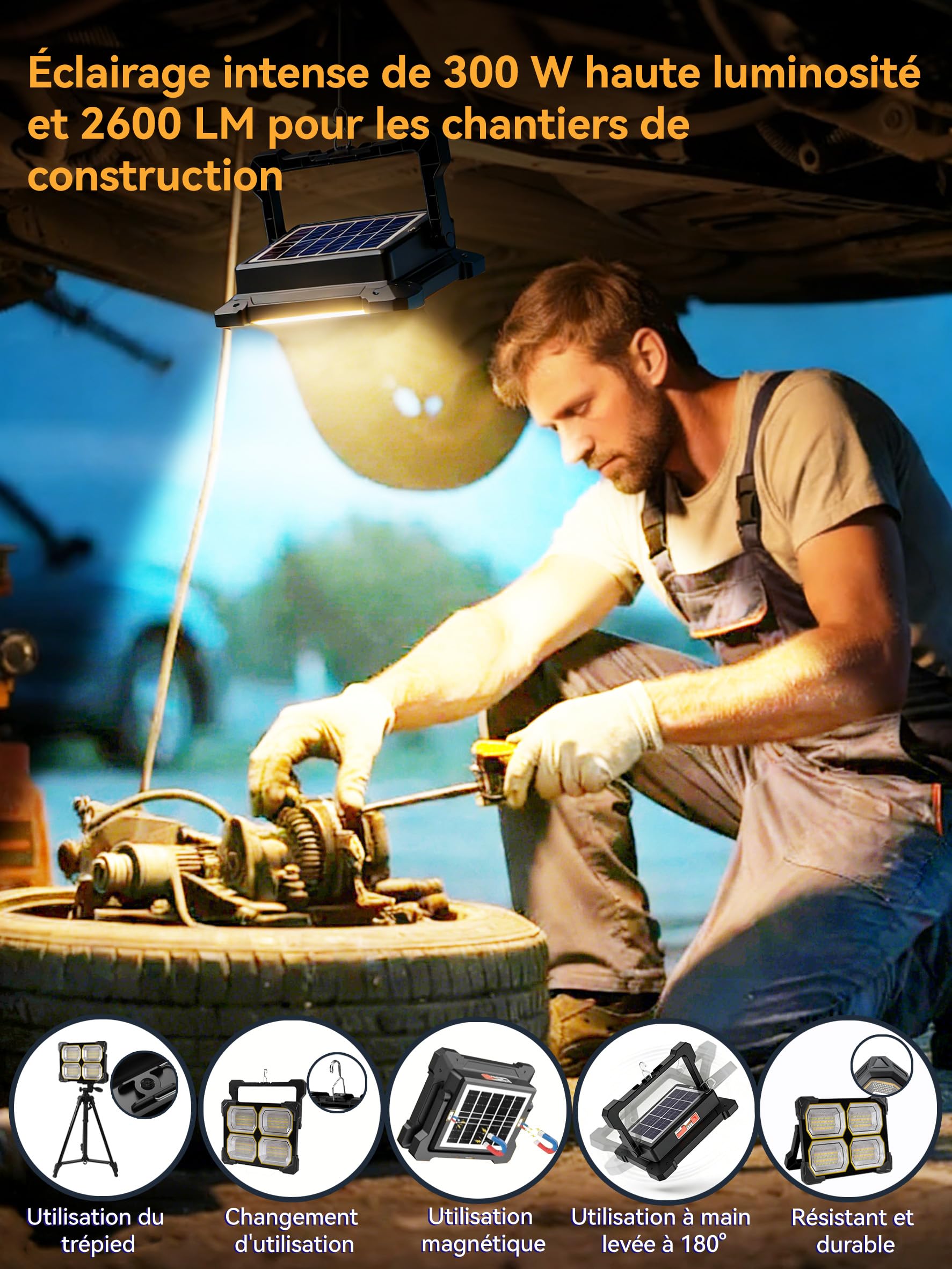 300W lampe led rechargeable 26000mAh projecteur led chantier projecteur solaire exterieur usb Solaire 5 Modes lampe de chantier Pour Camping, Chantier, Garage, Atelier