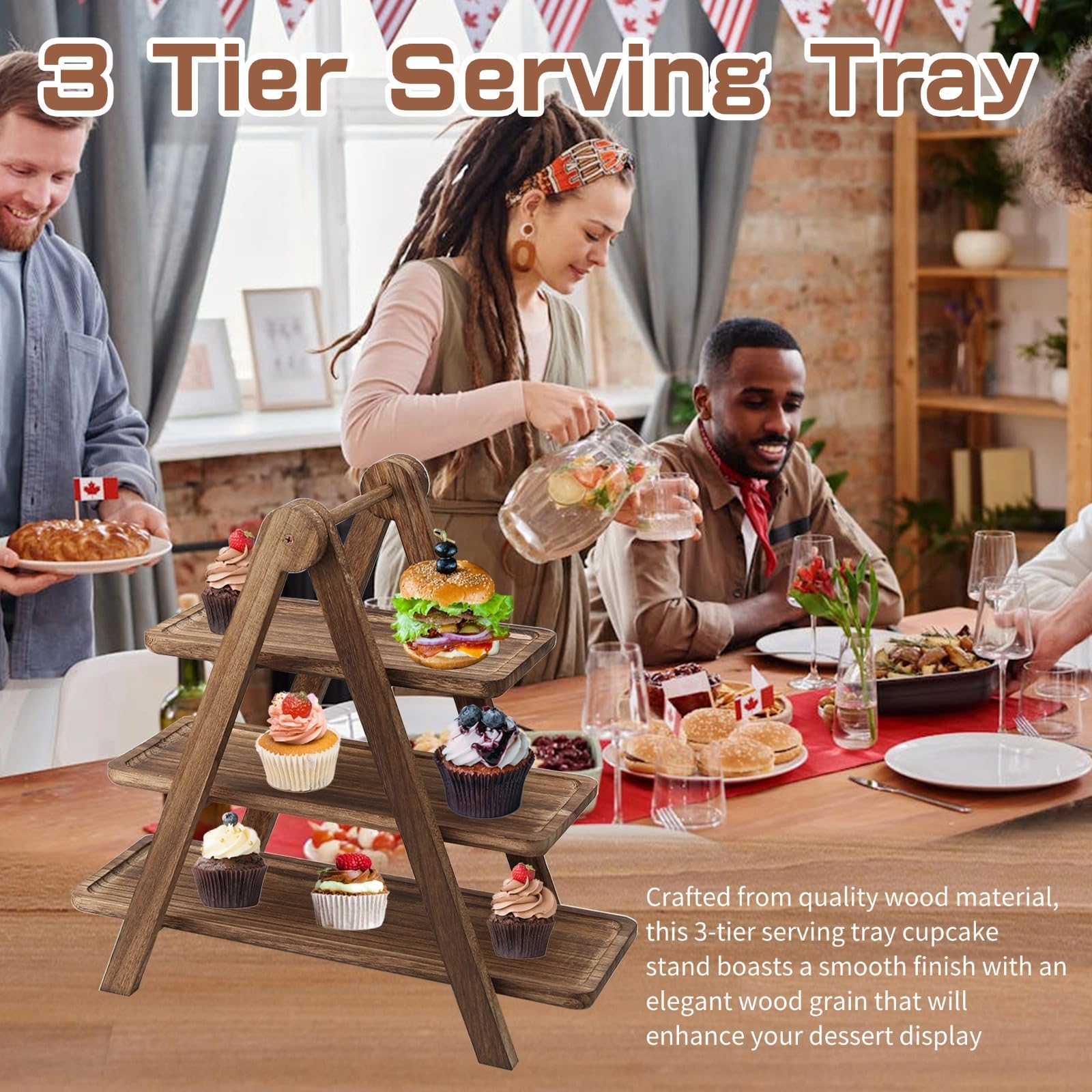 Plateau de service rectangulaire à 3 étages en bois rustique pour fêtes, remise de diplôme, mariage, fête d'anniversaire, pique-nique