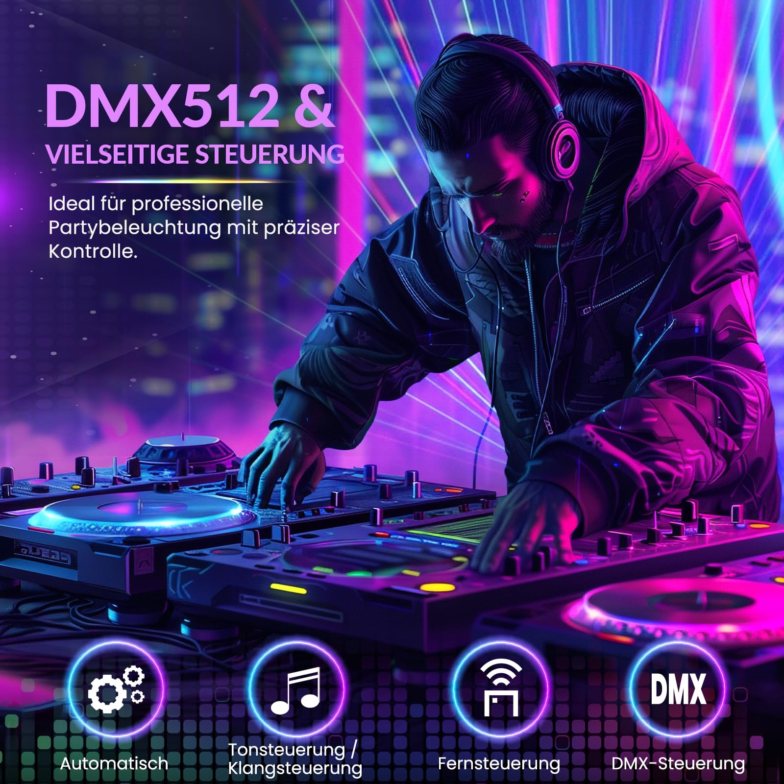 Discolicht Partylicht LED mit RGB & UV, DMX & Fernbedienung, 3-fach Motor Speed, 4 Strobe Modi, Party Laser Projektor für DJ, Discokugel Beleuchtung & Party Dekoration