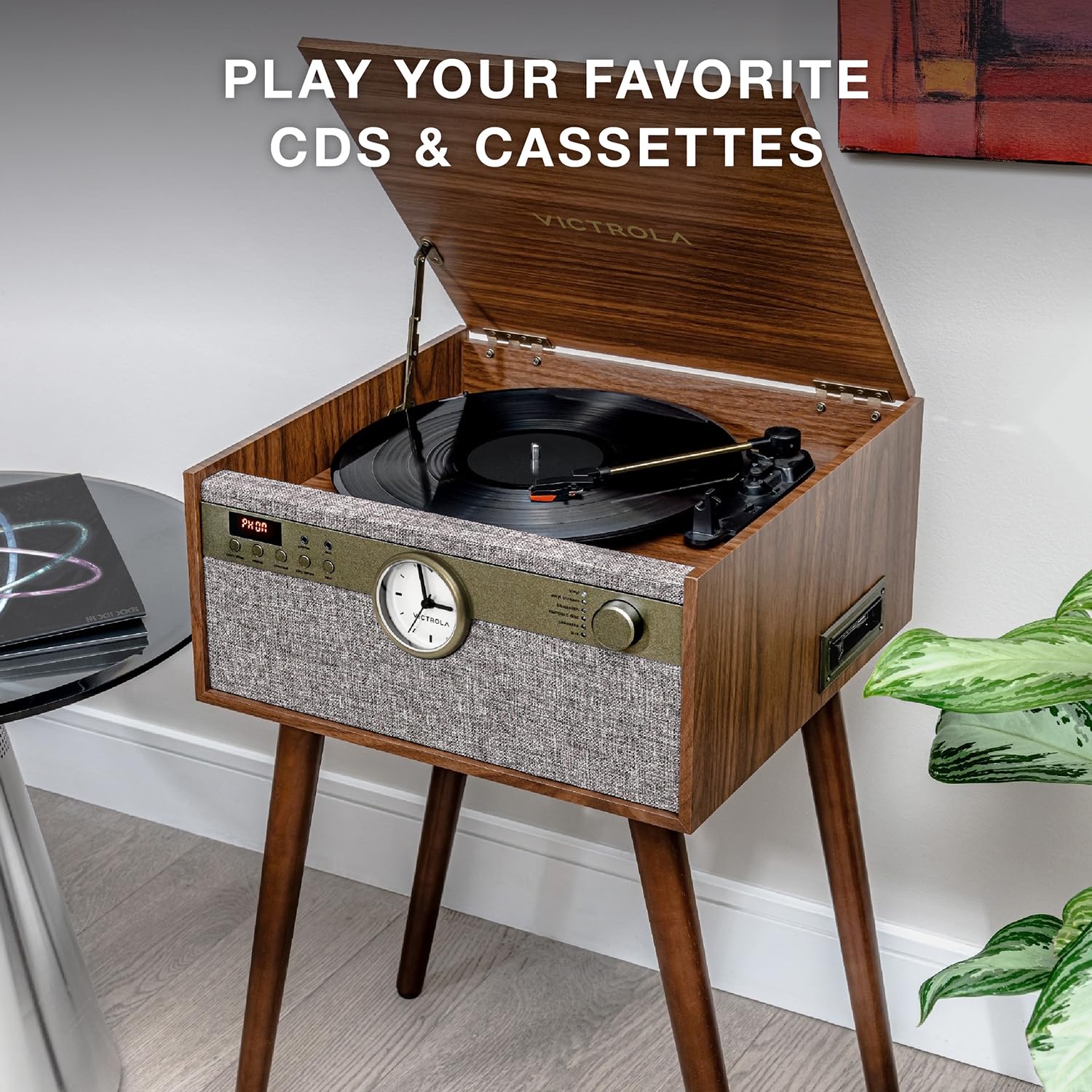 Victrola Century Tourne-disque vinyle 6 en 1 et centre de musique – Plateau tournant à 3 vitesses, lecteur CD et cassette, VINYLSTREAM, Bluetooth et auxiliaire 3,5 mm, tourne-disque avec haut-parleurs