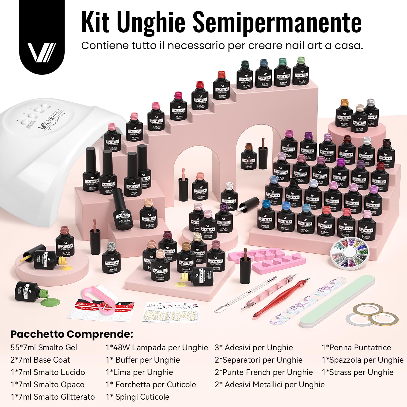 VANREESA 55 Colori Kit Semipermanente Unghie, 77PZ Kit Unghie Gel Completo con Top Base Opaco Brillantini Coat e Lampada UV Led Unghie 48W e Strumenti per Manicure, Set Manicure per Principianti