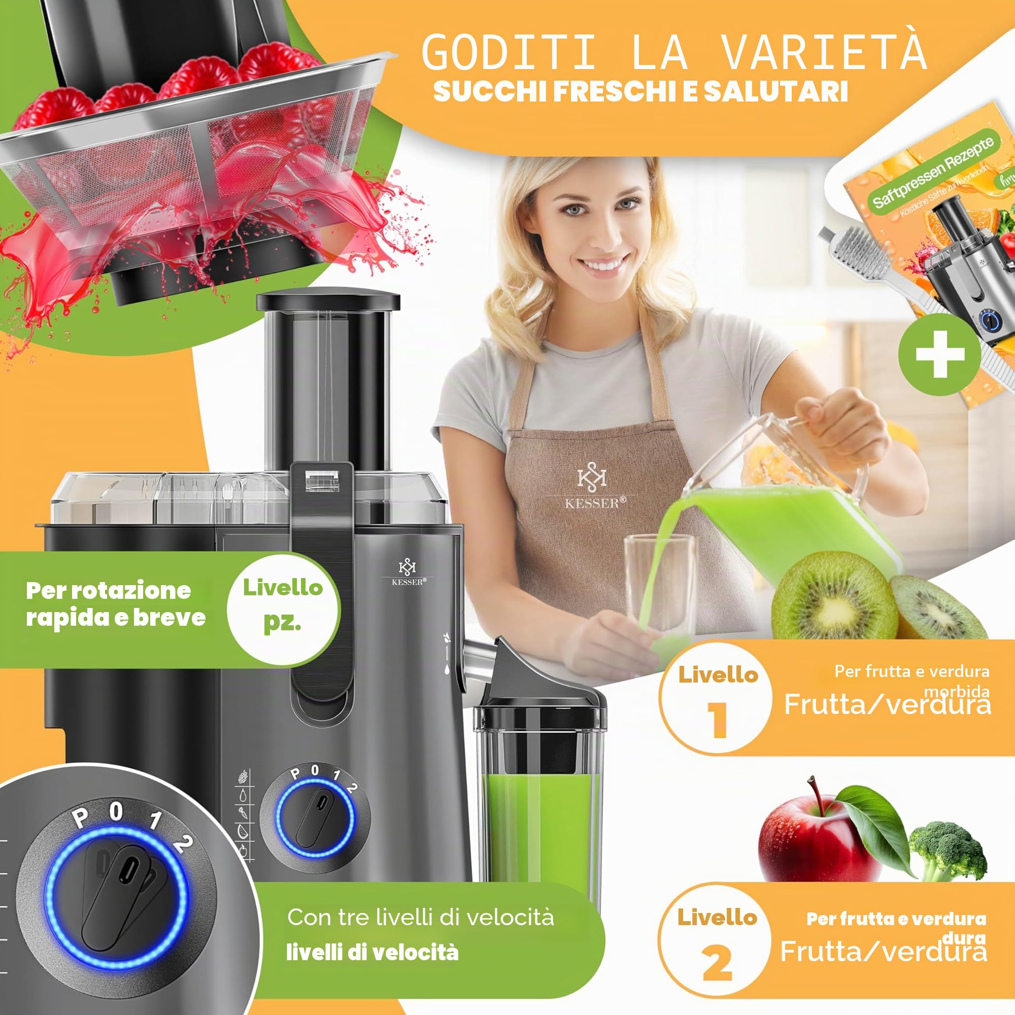 KESSER® Centrifuga estrattore di succo per frutta | verdura in acciaio inox 1100W, grande tubo di alimentazione, 3 livelli, spremiagrumi elettrico centrifugo + spazzola, contenitore per succo