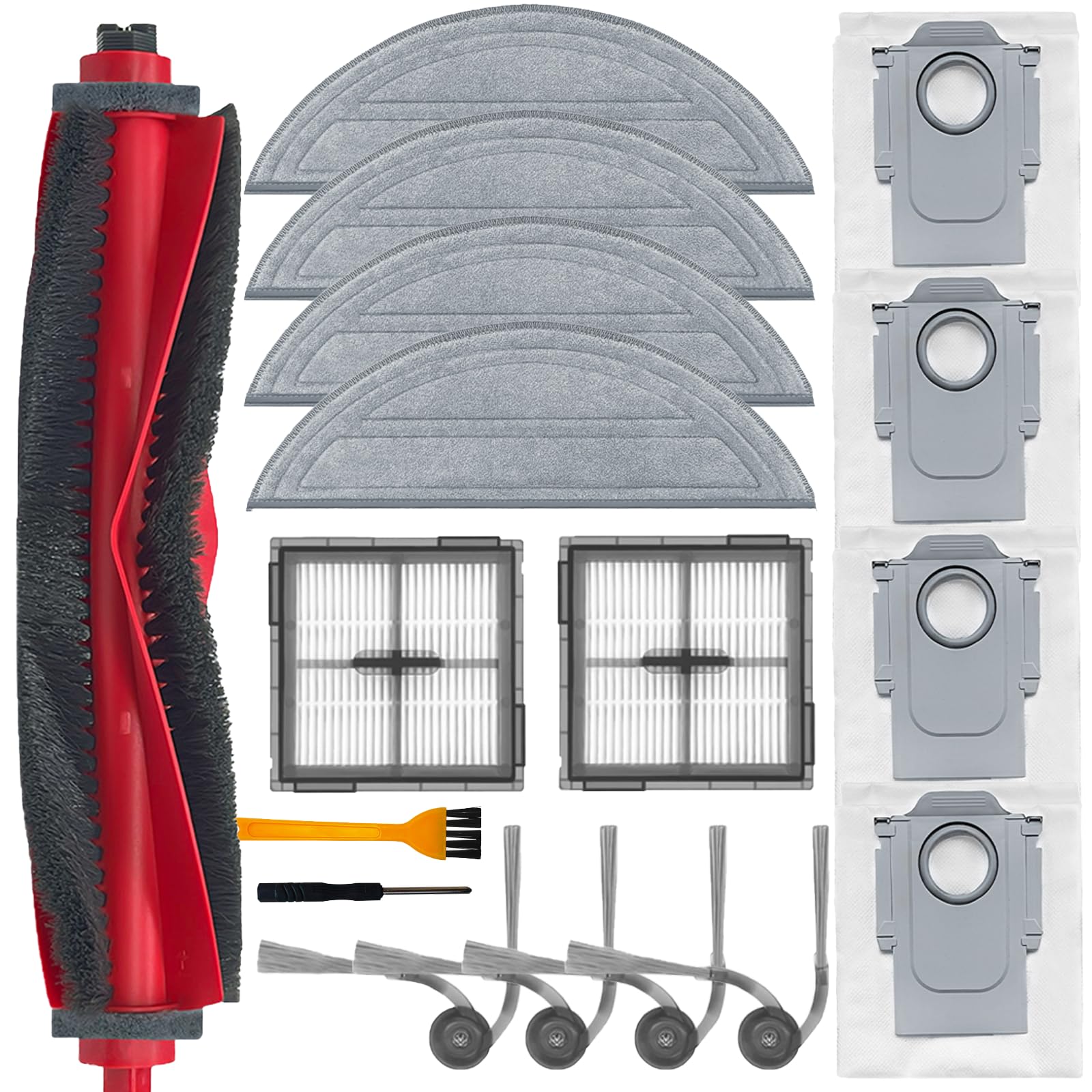Odashen 17Pcs Replacement Parts for Roborock Q10 S5/Q10 S5+/Q10 X5/Q10 X5+ Vacuum Cleaner Accessories, Main Brush*1, Side Brush*4, Filter*2, Mop Cloth*4, Dust Bag*4, Cleaning Brush*1, Screwdriver*1