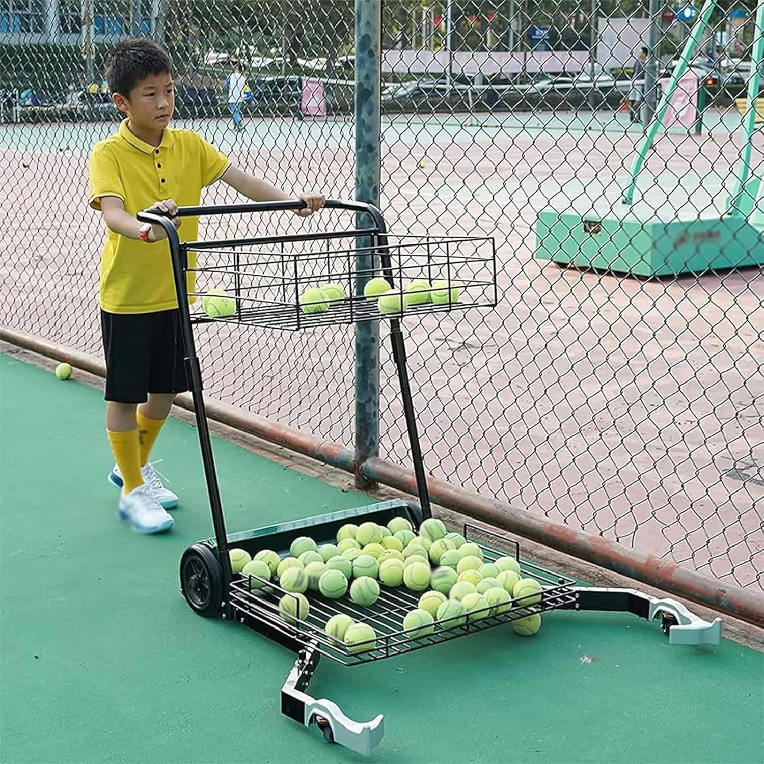 Raccoglitore automatico di palline da tennis per campo, contiene 290 palline, facile da raccogliere, carrello tramoggia palla