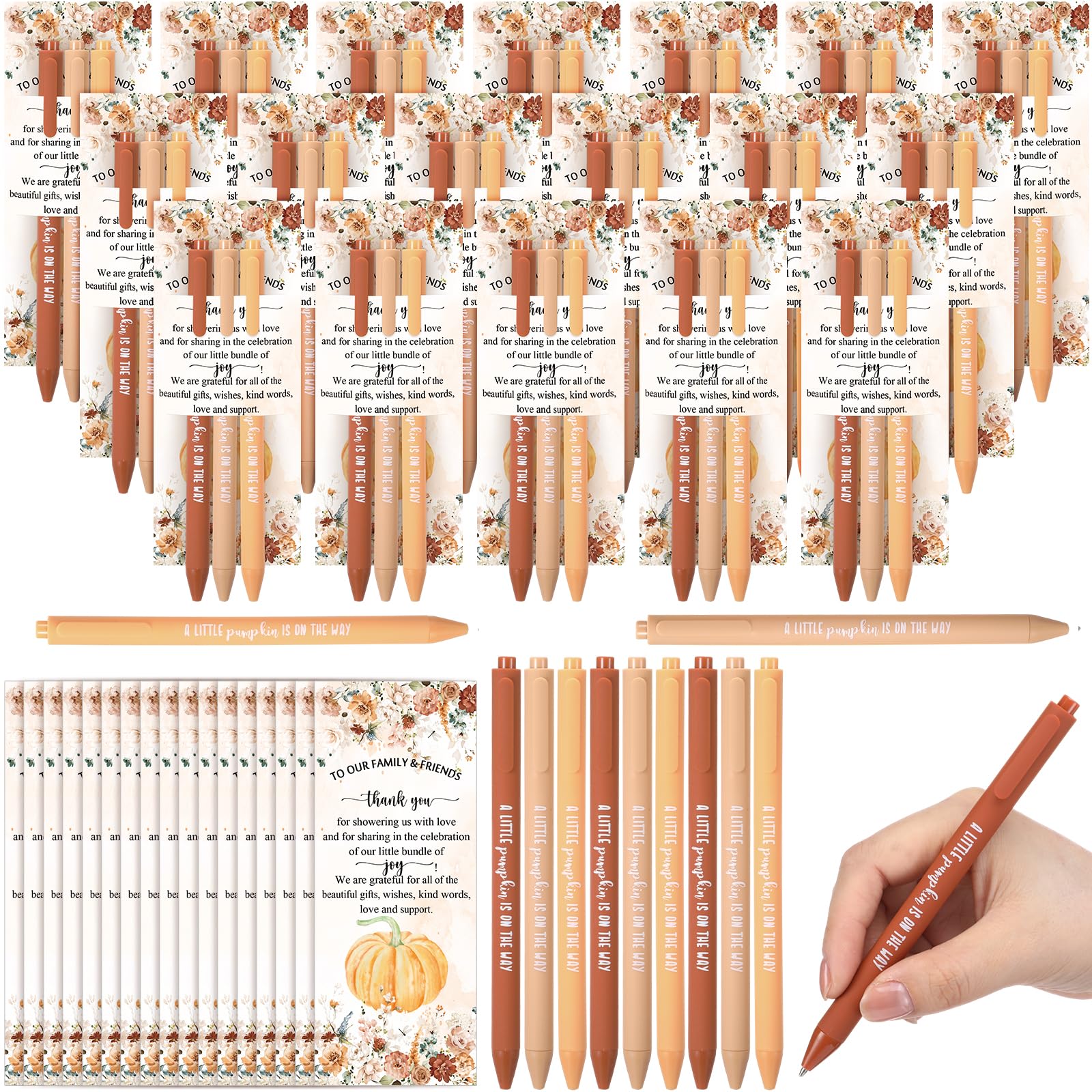 Watersay 108 Pcs Thanksgiving Little Pumpkin Baby Shower Favor Fall Baby Shower Pens Gifts Bulk with a Little Pumpkin Is on The Way Thank You Card for