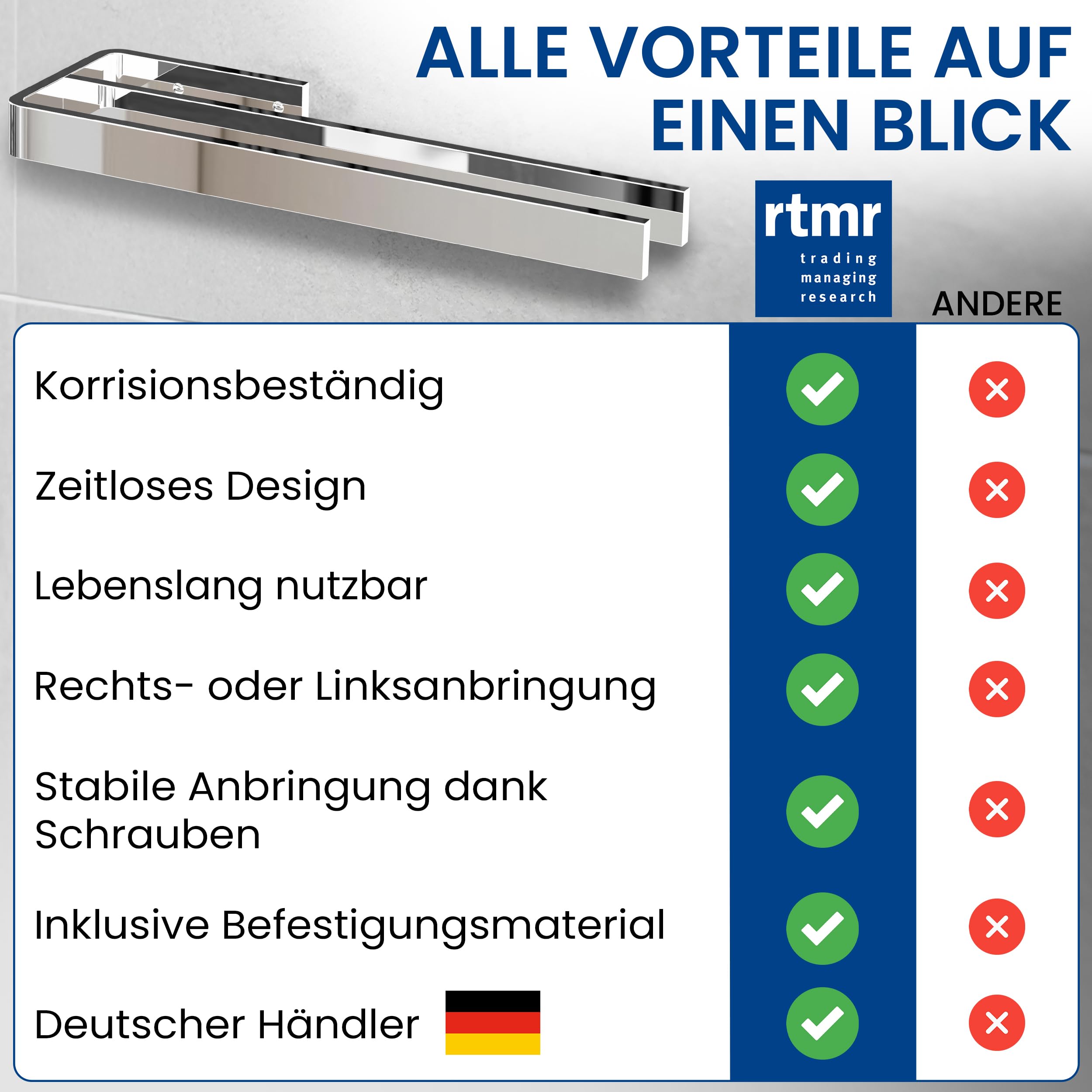 rtmr Handtuchhalter Schrankmontage, zum Bohren, 2-armig, Chrom, Premium Gästehandtuchhalter aus Aluminium, 38 cm, Handtuchstange, platzsparend, Ideal für Bad & Gäste-WC