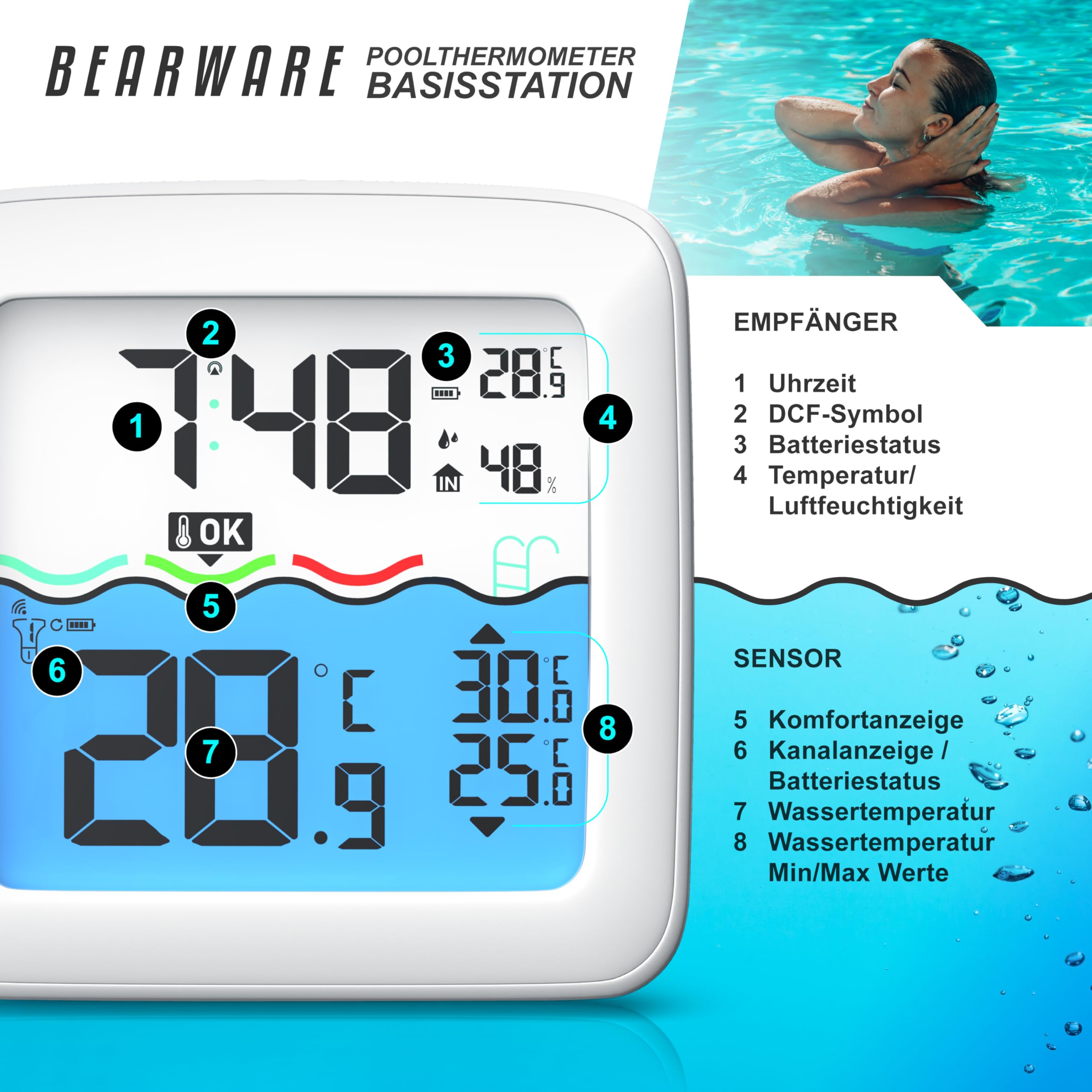 CSL - Poolthermometer Funk digital – Basisstation mit Schwimmer – Wassertemperatur Innentemperatur Luftfeuchtigkeit - DCF Uhrzeit – Pool Thermometer schwimmend mit bis 60 m Reichweite