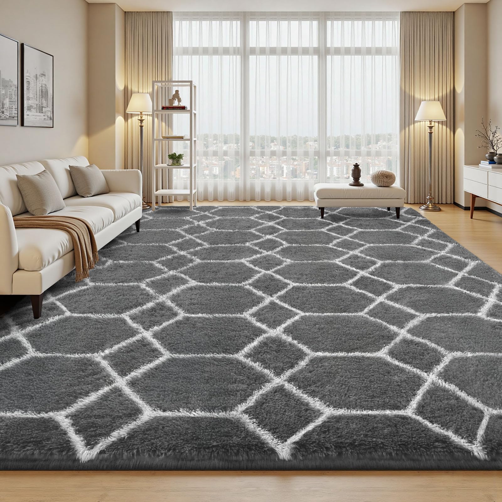 Sour Lemon Rugs Living Room 240x340cm, Grey Area Rugs for Bedroom, Washable Anti Slip Large Shaggy Soft Rug Fluffy Modern Carpets Mat Beside Area Rug for Living Room Kids Room