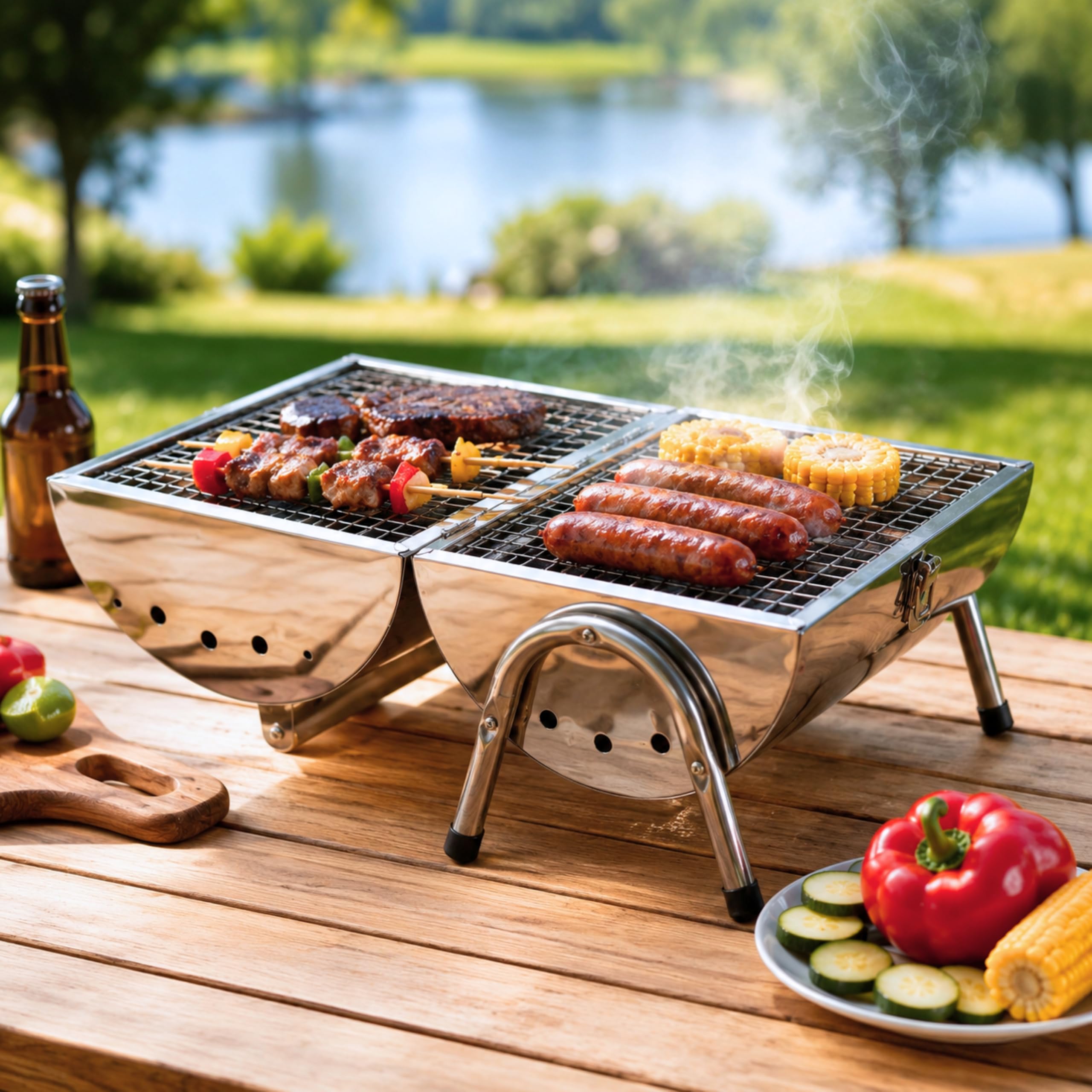 Garden Mile Parrilla grande de carbón de acero inoxidable para barbacoa de medio barril abierto, portátil, parrilla de carbón con mango de madera para el hogar, bar, jardín, fiesta