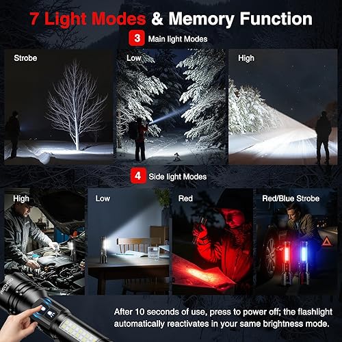 Miniatura 3 de RECHOO Linternas recargables de alto lúmenes, 7 modos de doble interruptor linterna recargable con pantalla digital LCD, linterna súper brillante