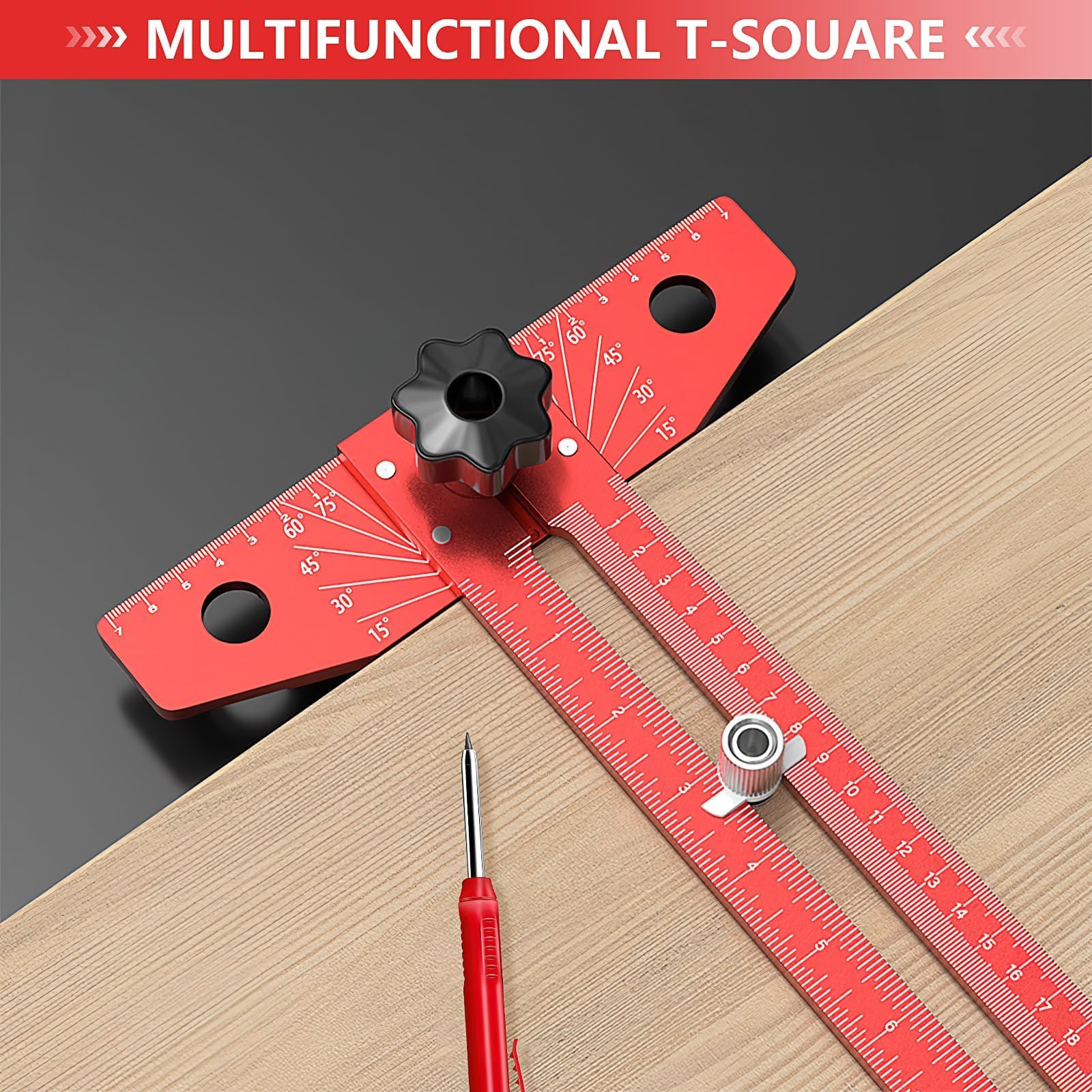 Équerre de Menuisier en T avec Règle Traceur, 40 cm Règle d’Angle en Alliage d'Aluminium, Rapporteur de Menuiserie Ajustable avec Gravée pour Bricolage Charpentier Architecte (Rouge)