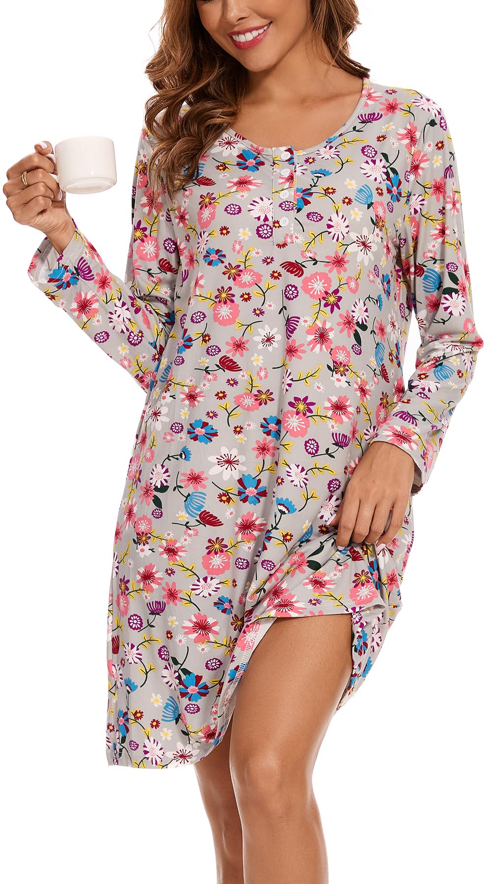 Kabento Long Sleeve Nightgowns for Women Soft Cotton Nightshirts Sleepwear Button Night Gowns