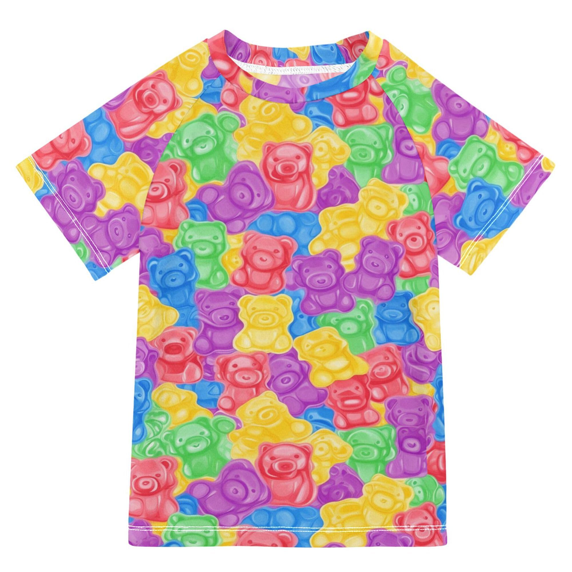 Colorful Sweet Jelly Bears Girl Bathing Suit Short Sleeves Girls Rash Guard Top Swimwears Youth Sports Tshirts for Youth Boy 7-8Y