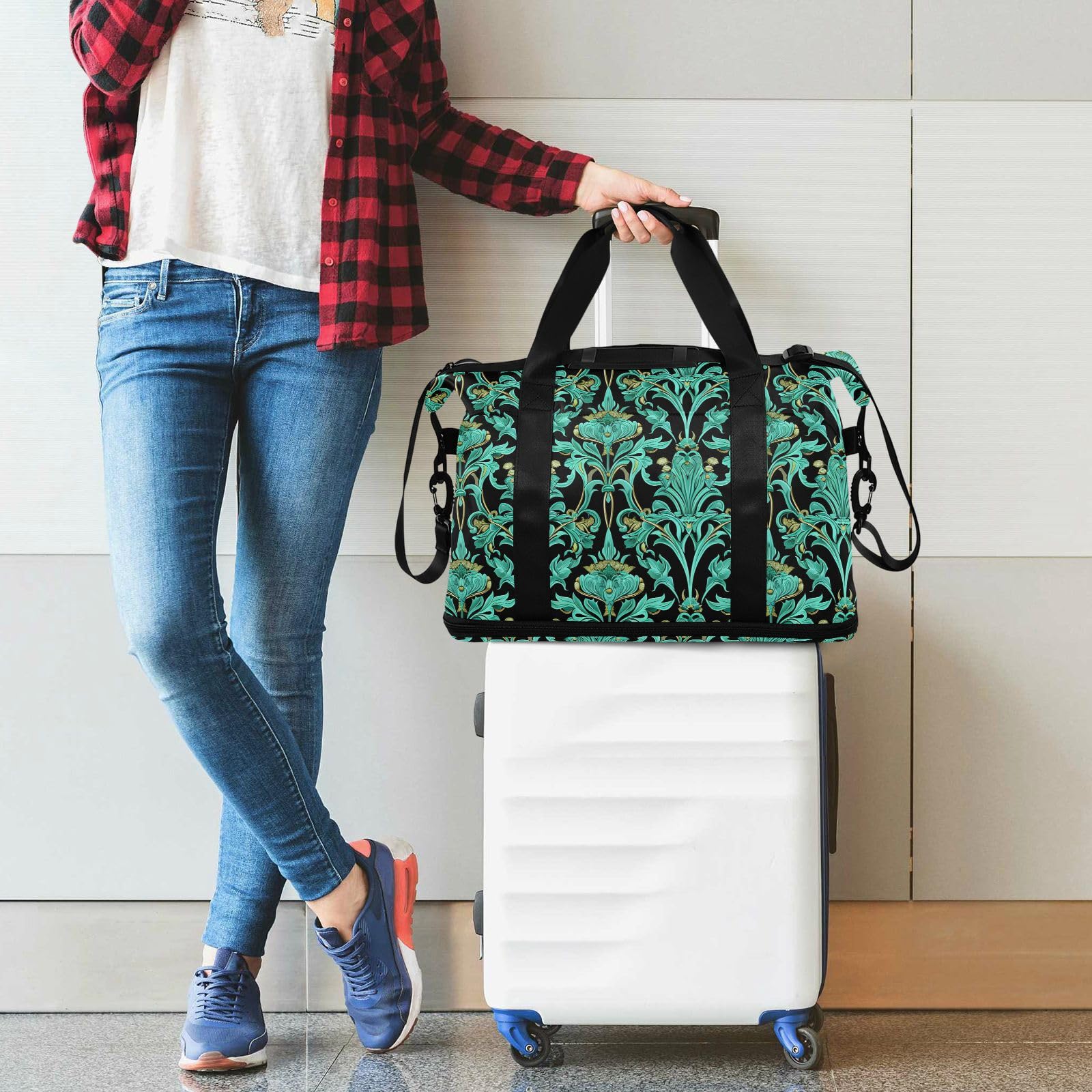 William Morris - Bolsa de viaje con bolsillo húmedo, correa ajustable, para gimnasio, deportes, yoga, impermeable, para hombres y mujeres