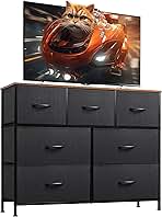 WLIVE 7 Drawer Dresser TV Stand, Entertainment Center, Media Console Table with Metal Frame and Wood Top for TV up to 45 inch, Chest of Drawers for Bedroom, Living Room, Black and Rustic Brown