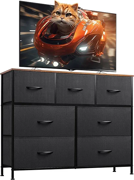 WLIVE 7 Drawer Dresser TV Stand, Entertainment Center, Media Console Table with Metal Frame and Wood Top for TV up to 45 inch, Chest of Drawers for Bedroom, Living Room, Black and Rustic Brown