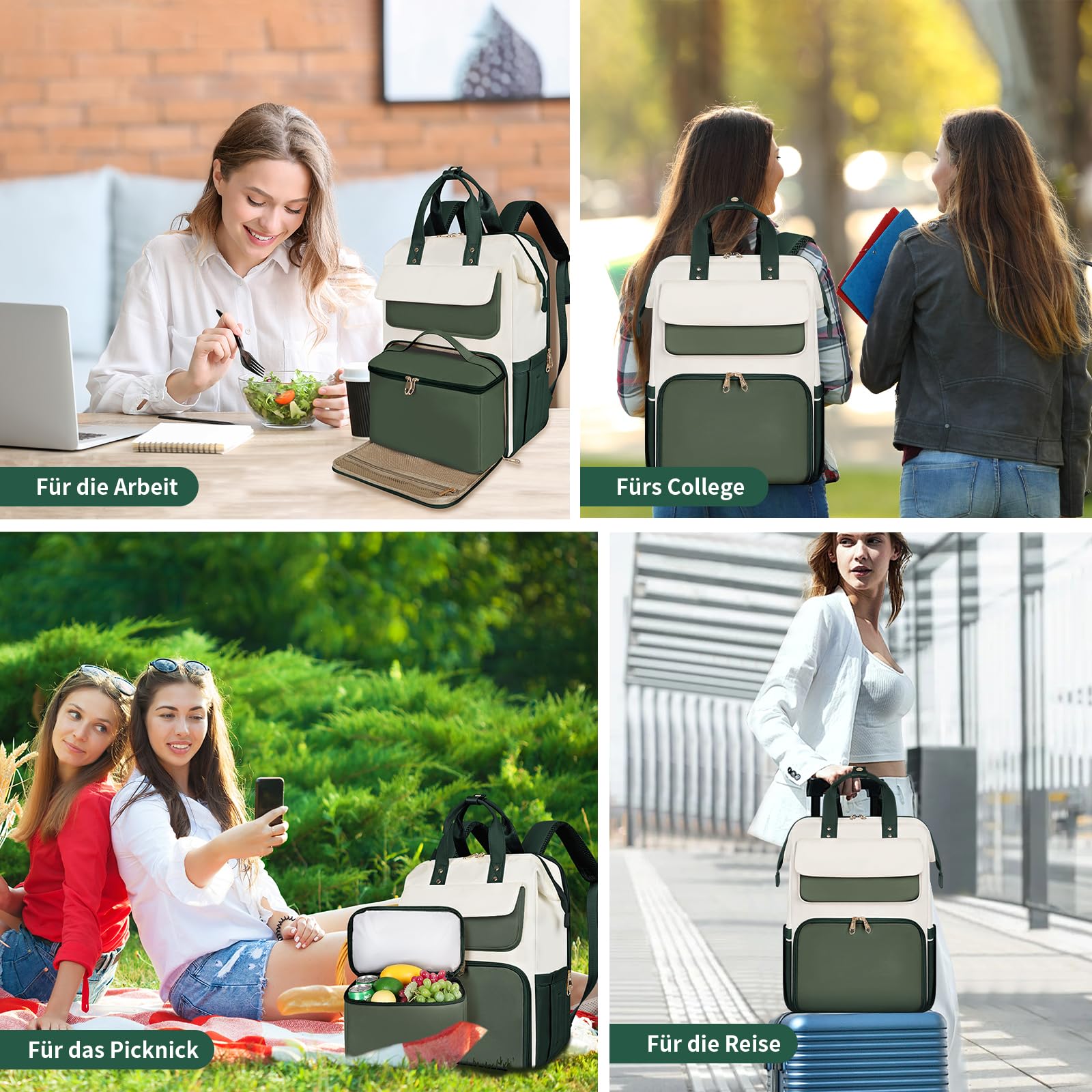 BERTASCHE Sac à dos pour ordinateur portable 17,3" avec sac isotherme 2 en 1 pour femme/travail/affaires/voyage/enseignant/école/université, vert/beige