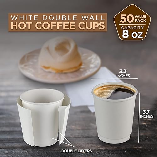 Miniatura 2 de Paquete de 50 Tazas de café desechables  Tazas de café blancas de doble pared aisladas para llevar de 8 onzas, tazas de papel kraft para té de
